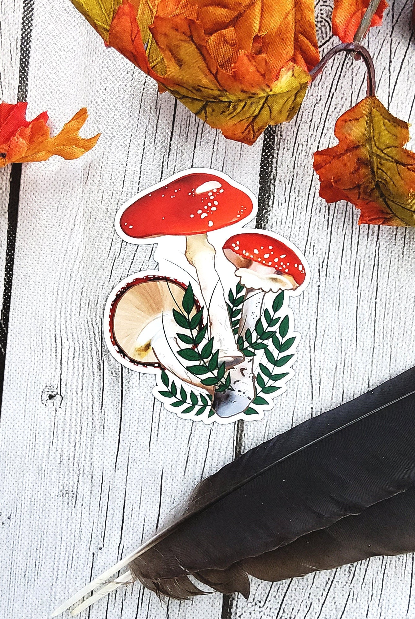 MAGNET: Red Mushroom Decorative Magnet , Red Mushroom Magnet , Mushroom Magnet , Red Magnet , Mushroom and Leaves Decorative Magnet