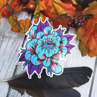GLOSSY STICKER: Tattoo Style Blue and Red Chrysanthemum , Chrysanthemum Sticker , Chrysanthemum Art , Floral Sticker , Floral Art Sticker