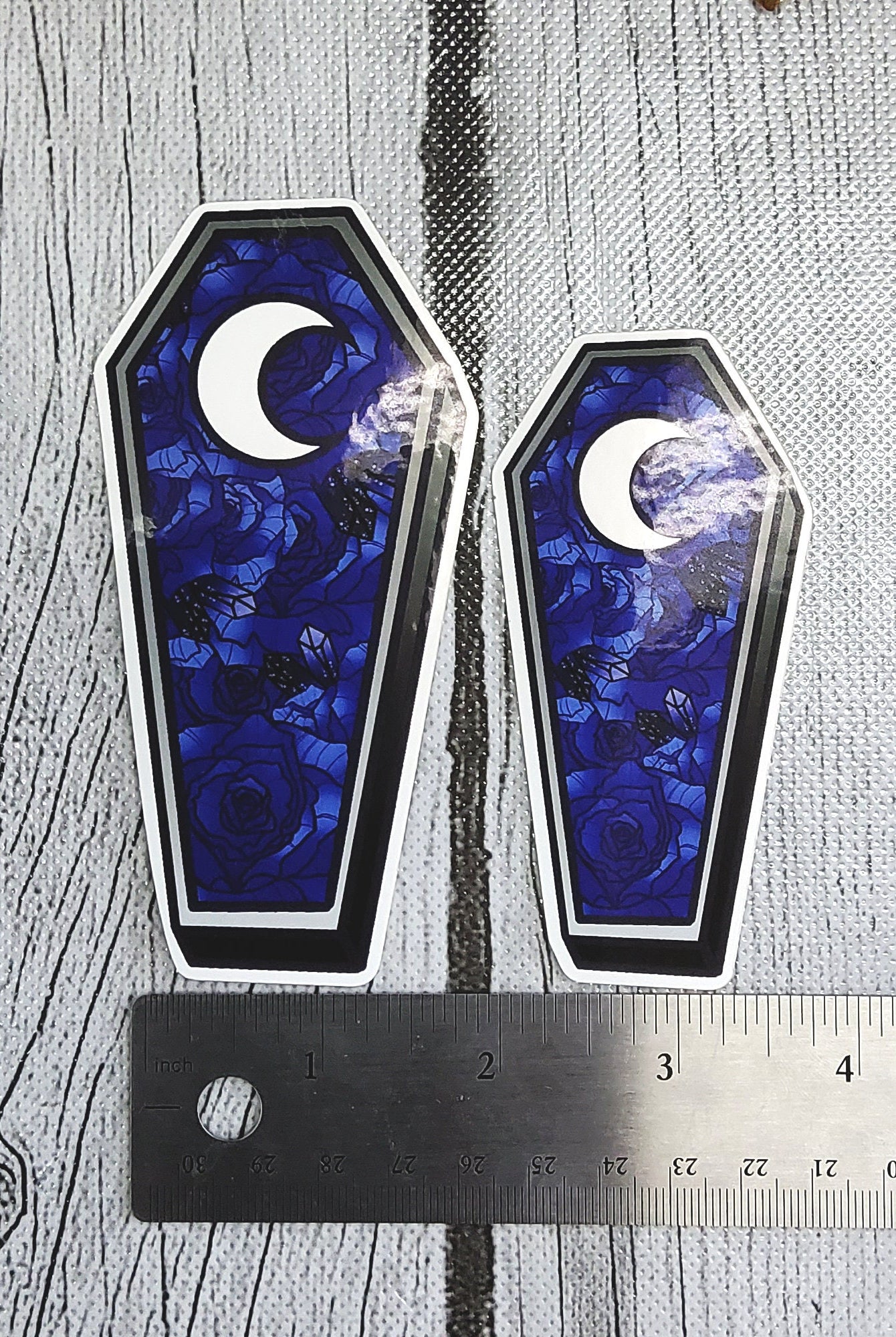 GLOSSY STICKER: Blue Roses Coffin with Moon Die Cut Sticker , Blue Roses Coffin Sticker , Blue Roses and Moon Sticker , Coffin Floral