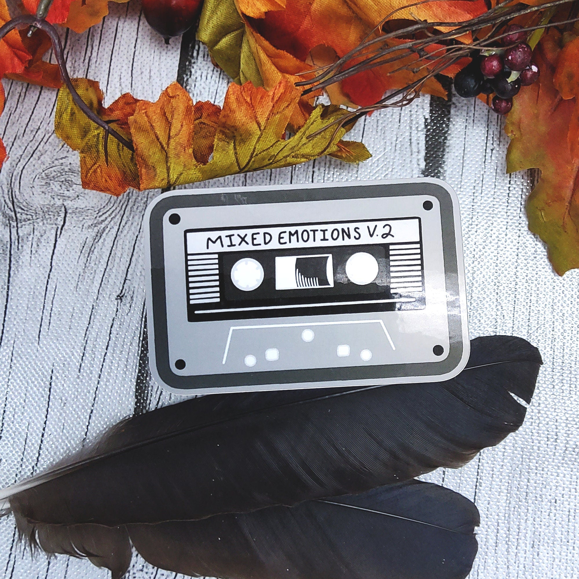 GLOSSY STICKER: Gray Mixed Emotions Volume 2 Cassette Tape Sticker , Cassette Sticker , Mix Tape , Mix Tape Stickers , 80s Vibe Sticker Sticker Acornandcrowstudio