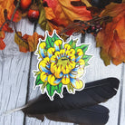 GLOSSY STICKER: Tattoo Style Yellow and Blue Chrysanthemum , Chrysanthemum Sticker , Chrysanthemum Art , Floral Sticker , Floral Art Sticker