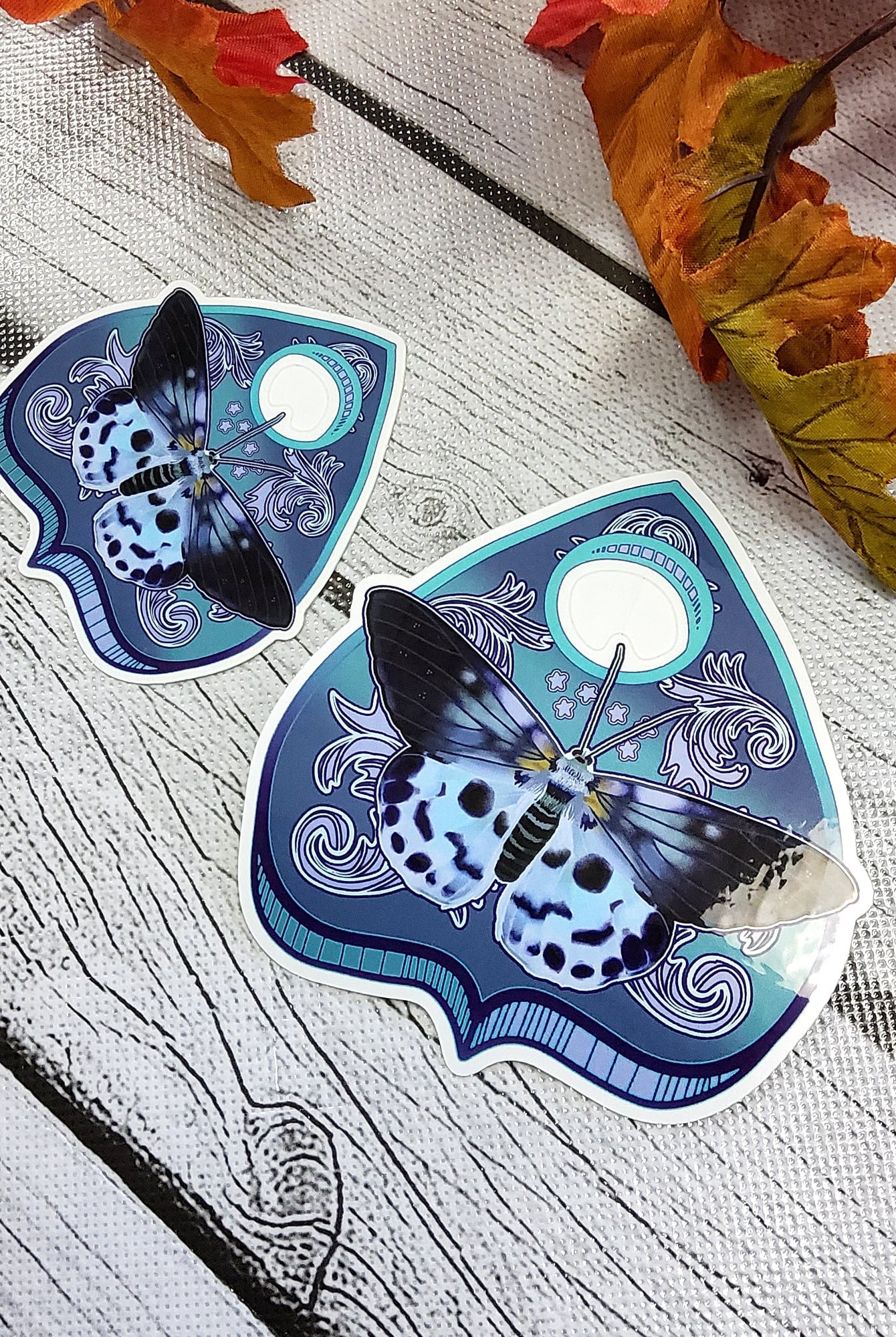 GLOSSY STICKER: Blue Tiger Moth Planchette , Blue Tiger Moth Sticker , Blue Tiger Moth Blue Sticker , Moth Stickers , Planchette Stickers