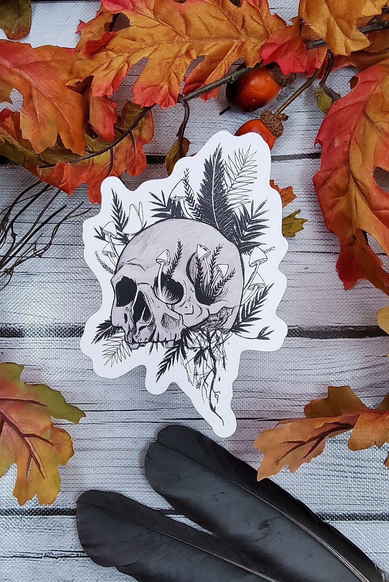 MATTE STICKER: Rebirth Skull and Mushroom Black and Grey Sticker , Skull and Ferns Sticker , Dark Aesthetic Skull Sticker , Skull Sticker
