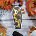 MATTE STICKER: Sunflower Coffin with Moon Cut Out Die Cut Sticker , Sunflower Coffin Sticker , Sunflower and Moon Sticker , Coffin Floral
