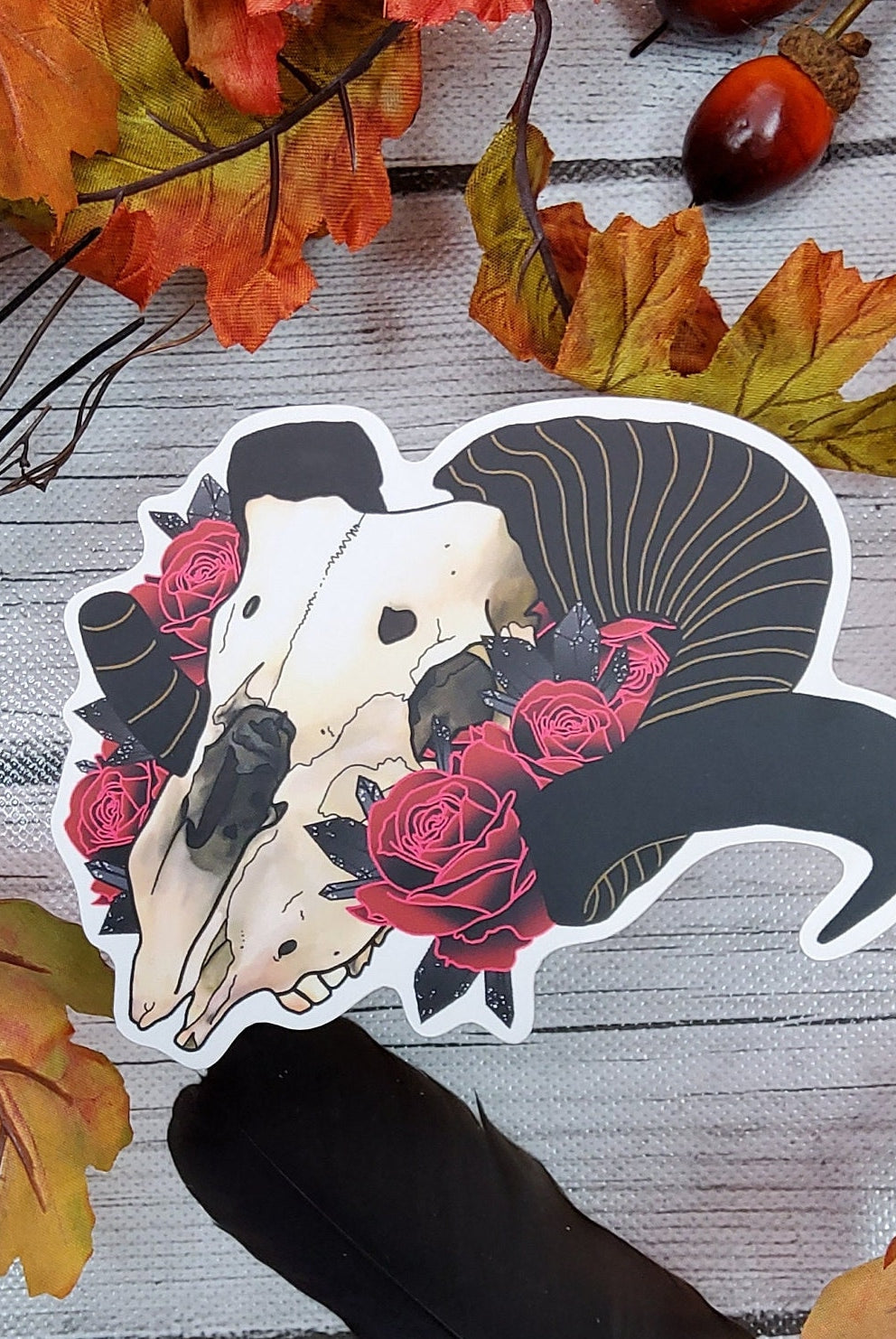 MATTE STICKER: Ram Skull and Roses Sticker , Ram Skull Sticker ,Tattoo Style Skull and Roses Sticker , Skull Stickers , Roses Stickers