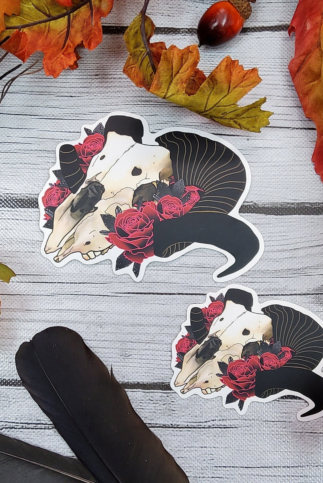 MATTE STICKER: Ram Skull and Roses Sticker , Ram Skull Sticker ,Tattoo Style Skull and Roses Sticker , Skull Stickers , Roses Stickers