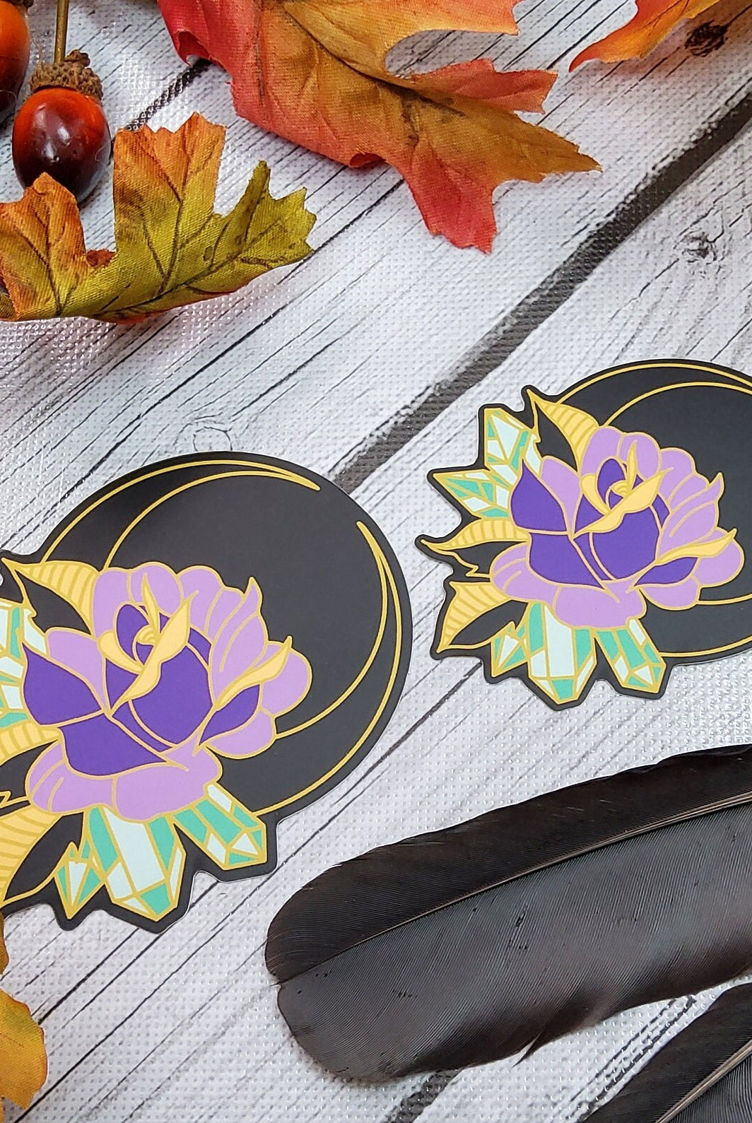 MATTE STICKER: Black Moon and Rose Crystal , Crystal Moon Sticker , Moon and Crystal Rose Sticker , Crystal Rose Sticker , Moon Rose