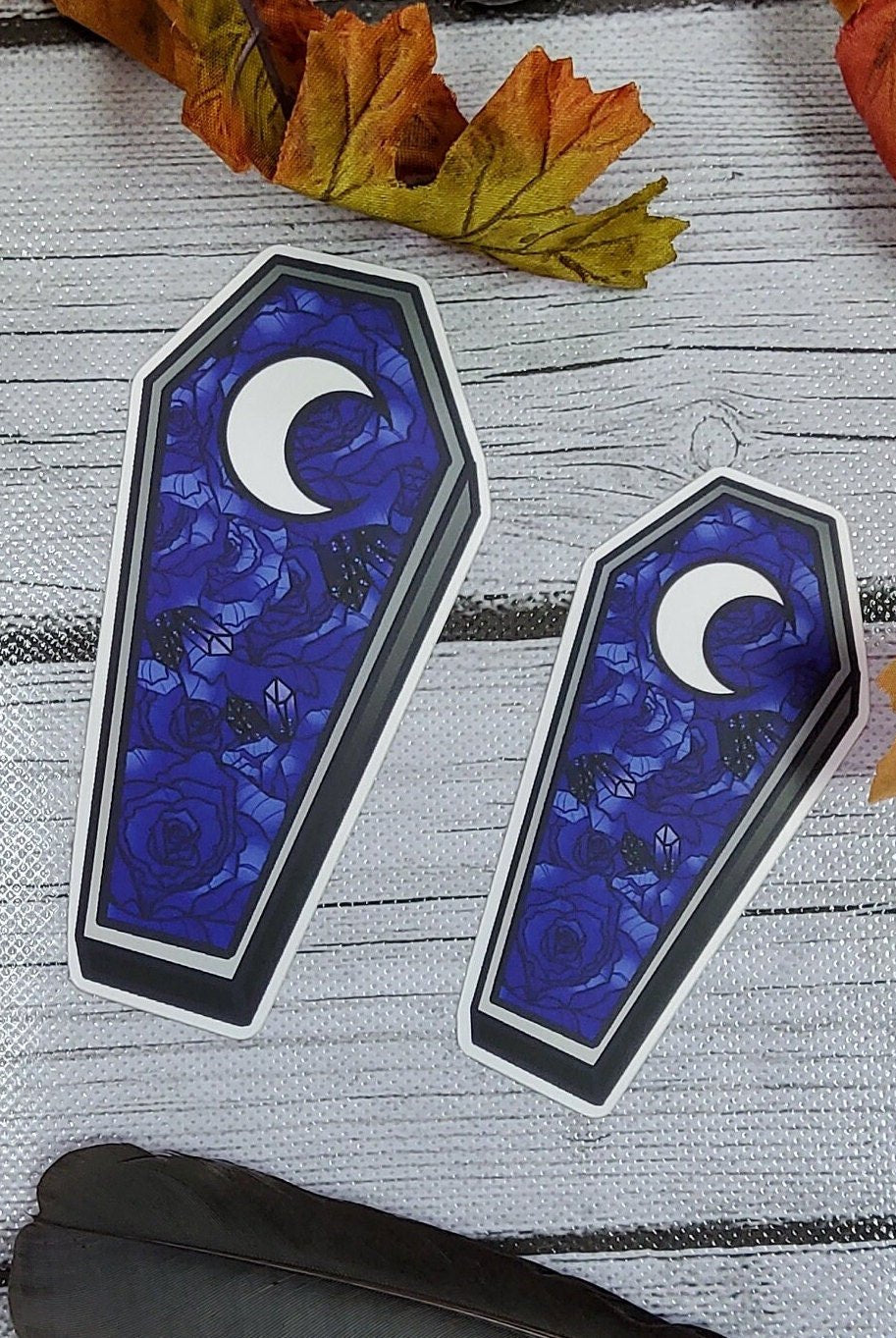 MATTE STICKER: Blue Roses Coffin with Moon Die Cut Sticker , Blue Roses Coffin Sticker , Blue Roses and Moon Sticker , Coffin Floral