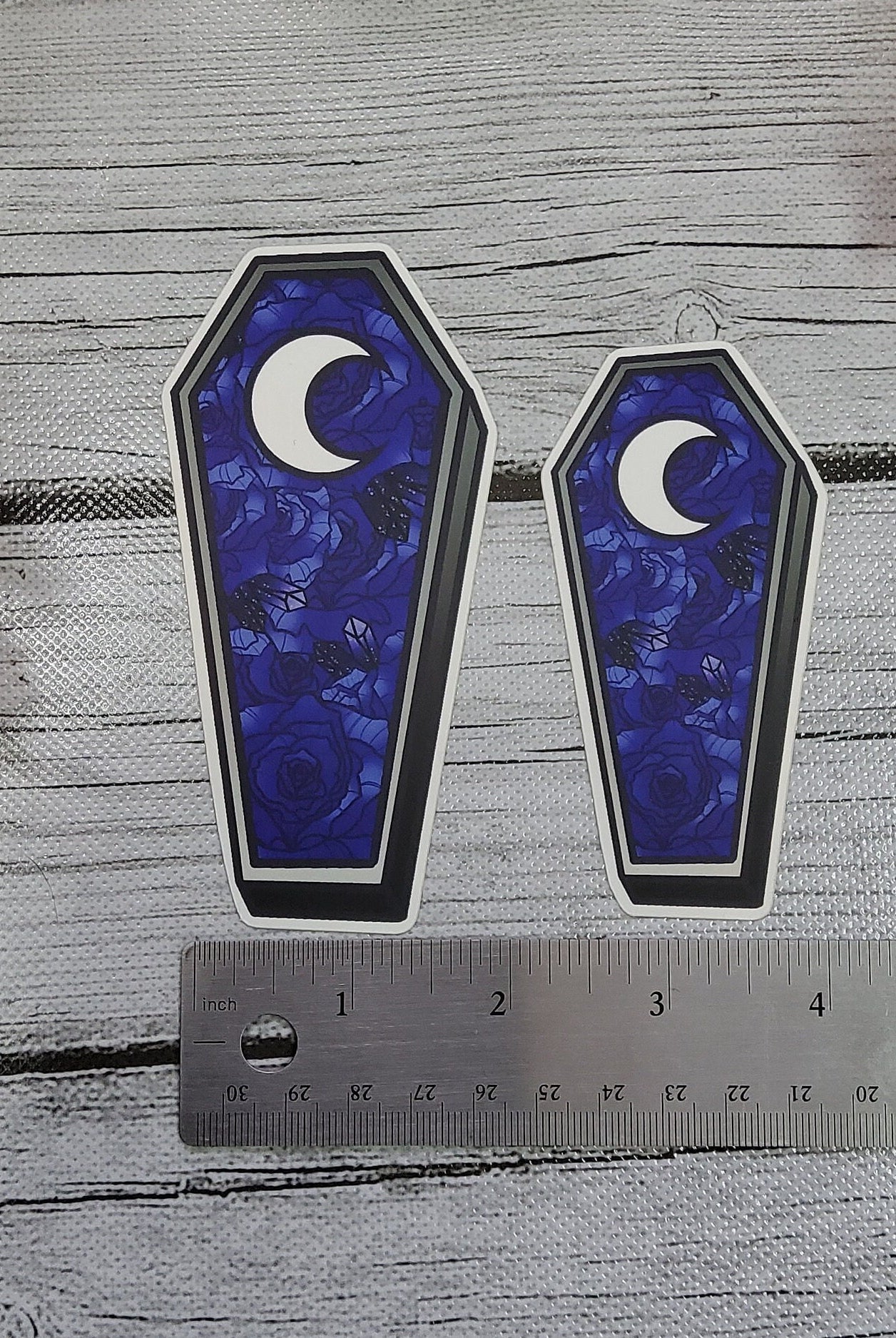 MATTE STICKER: Blue Roses Coffin with Moon Die Cut Sticker , Blue Roses Coffin Sticker , Blue Roses and Moon Sticker , Coffin Floral