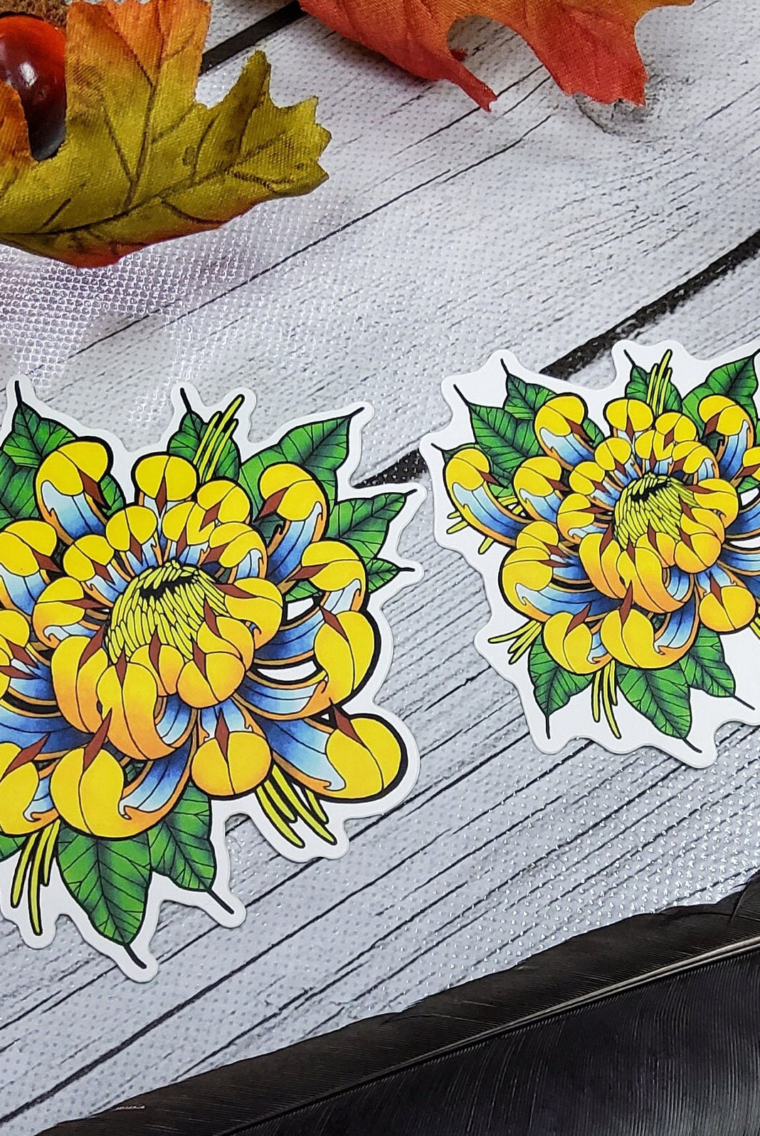 MATTE STICKER: Tattoo Style Yellow and Blue Chrysanthemum , Chrysanthemum Sticker , Chrysanthemum Art , Floral Sticker , Floral Art Sticker