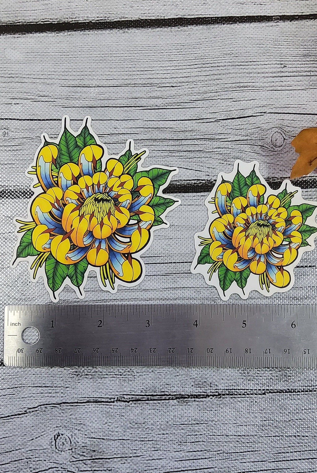 MATTE STICKER: Tattoo Style Yellow and Blue Chrysanthemum , Chrysanthemum Sticker , Chrysanthemum Art , Floral Sticker , Floral Art Sticker
