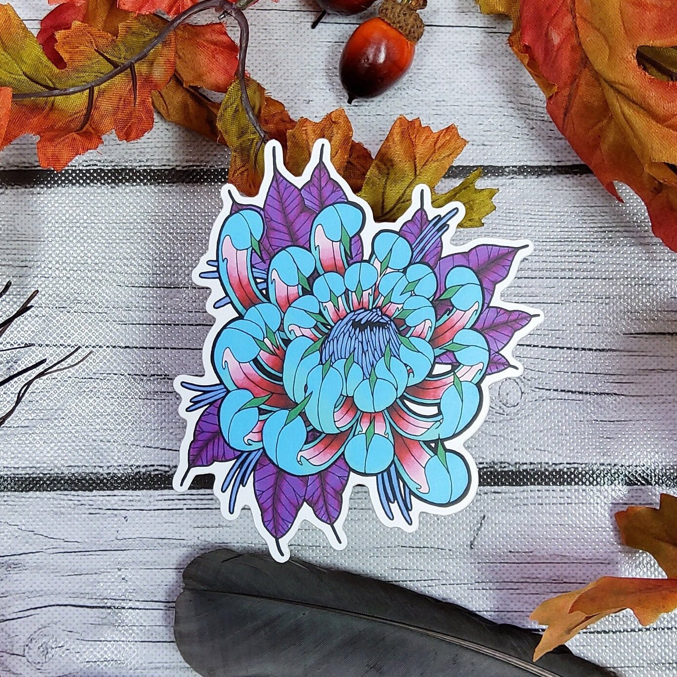 MATTE STICKER: Tattoo Style Blue and Red Chrysanthemum , Chrysanthemum Sticker , Chrysanthemum Art , Floral Sticker , Floral Art Sticker