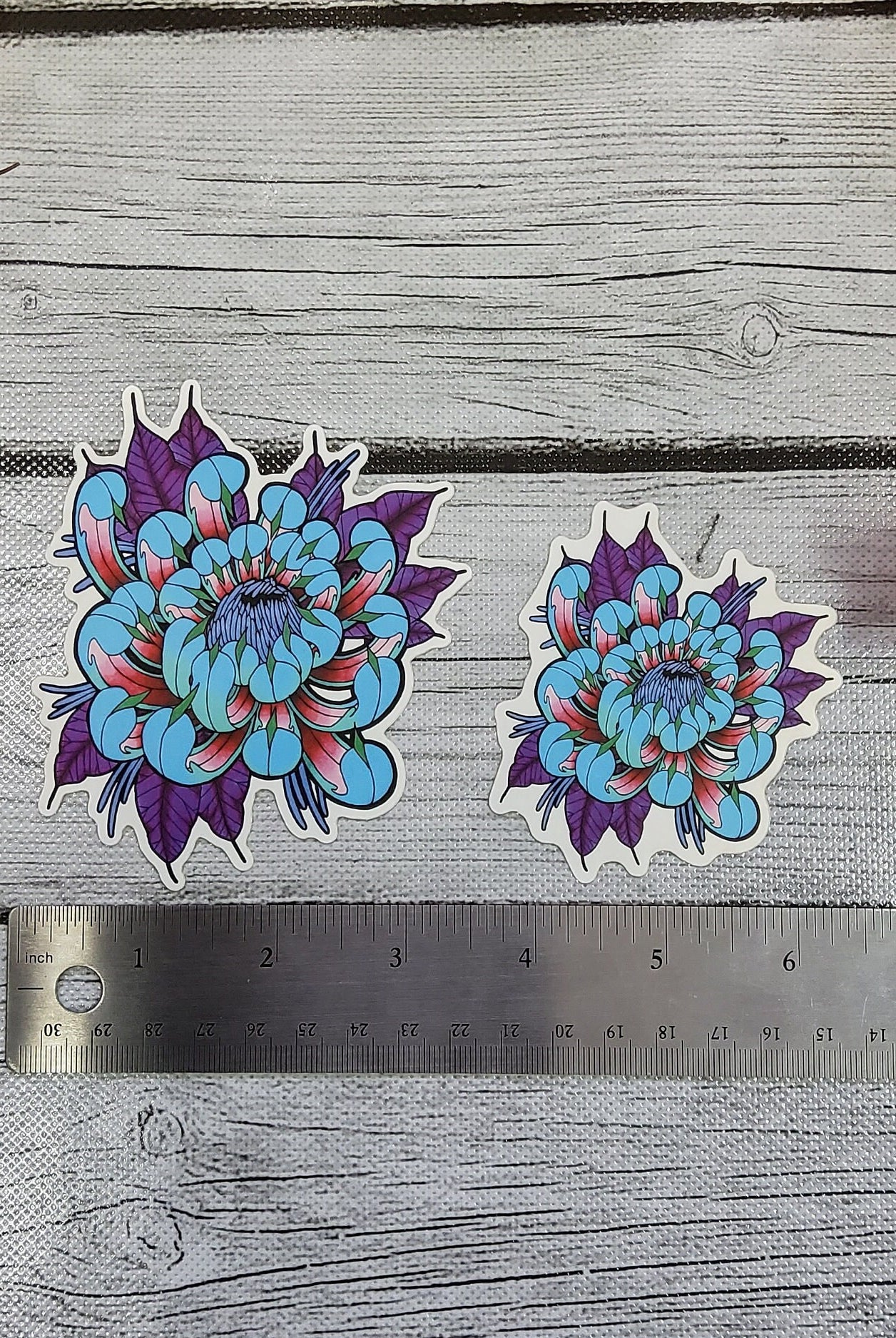 MATTE STICKER: Tattoo Style Blue and Red Chrysanthemum , Chrysanthemum Sticker , Chrysanthemum Art , Floral Sticker , Floral Art Sticker