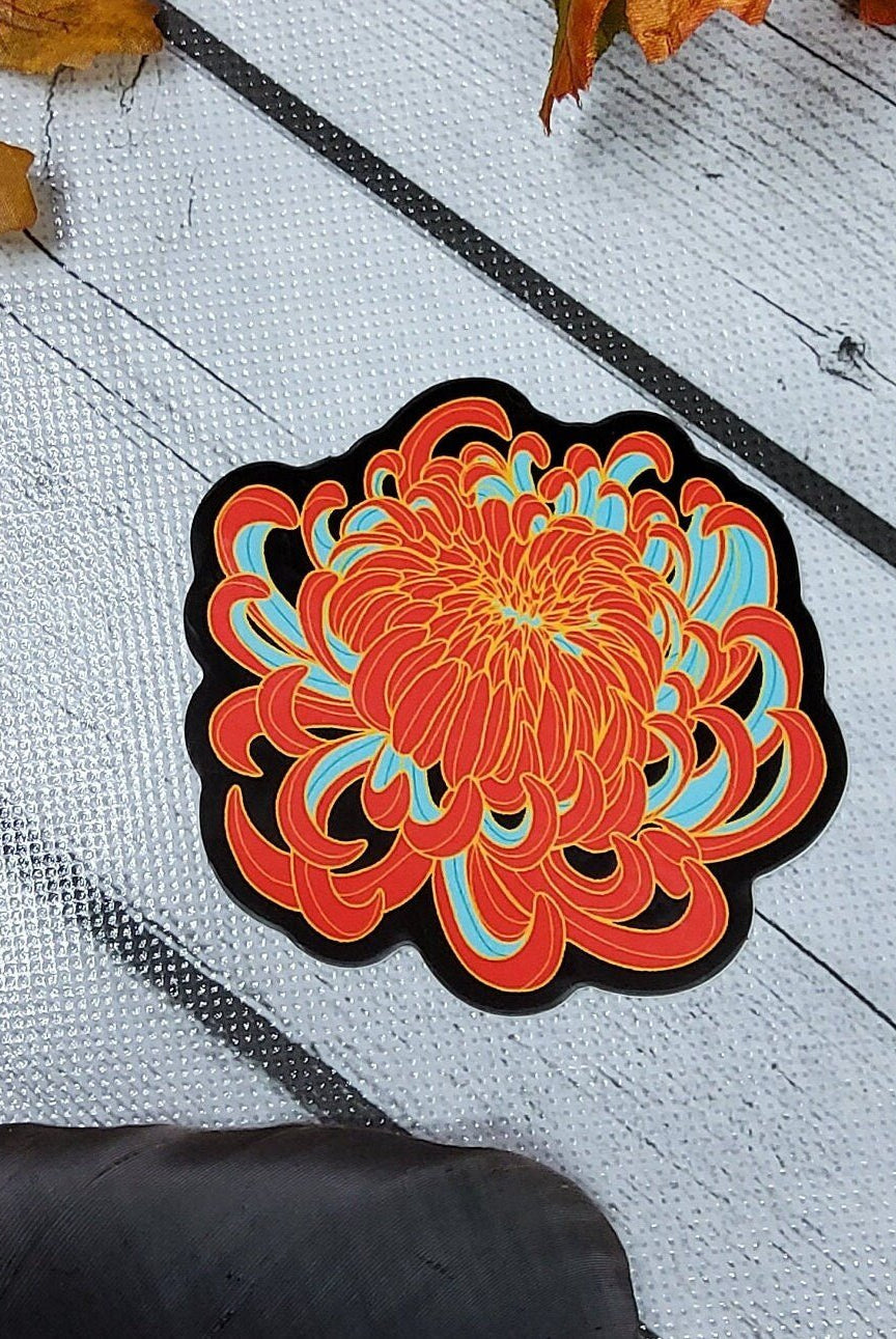 GLOSSY STICKER: STYLE 3 Orange and Teal Chrysanthemum , Chrysanthemum Sticker , Chrysanthemum Art , Floral Sticker , Floral Art Sticker