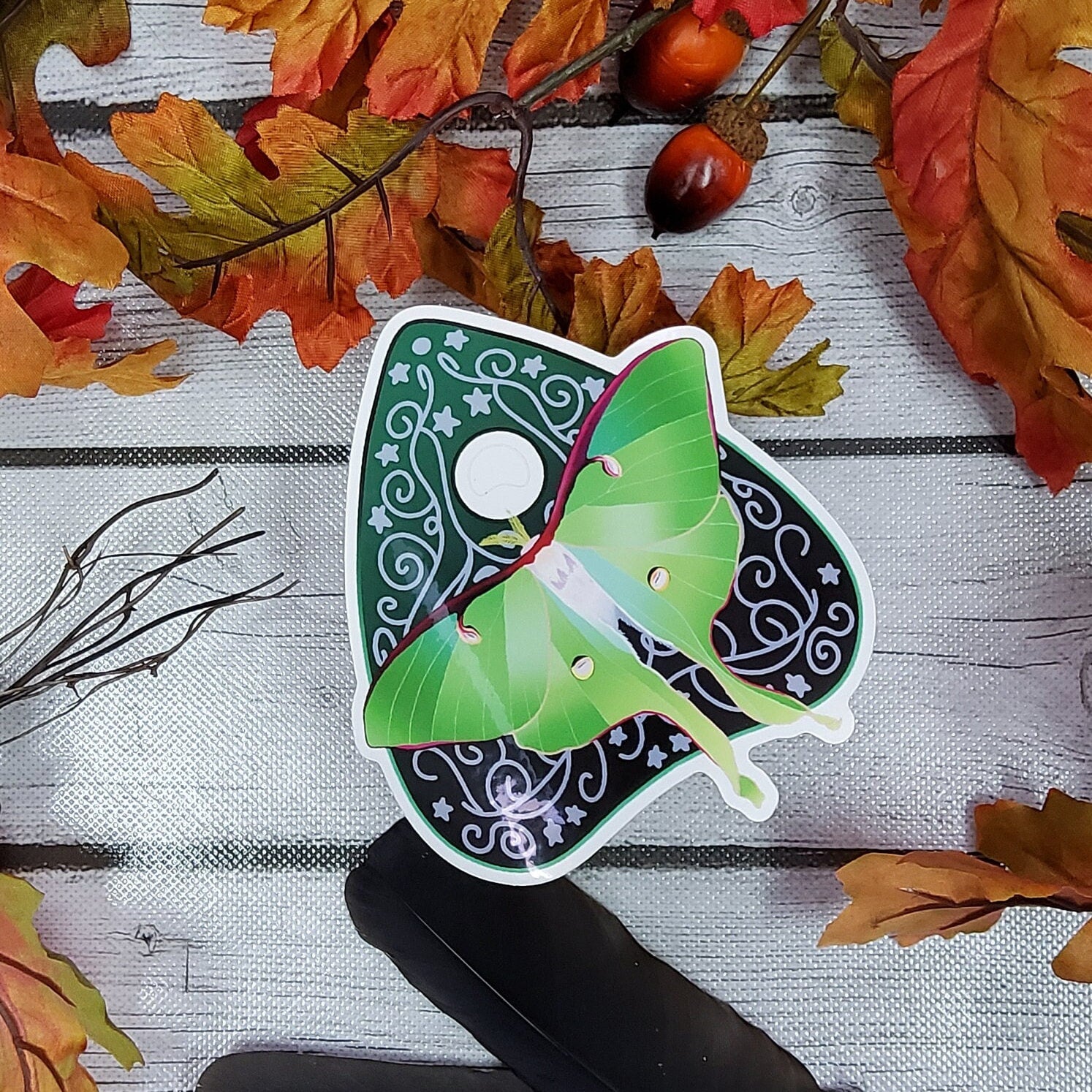 GLOSSY STICKER: Luna Moth Planchette , Luna Moth Sticker , Luna Moth Green Sticker , Moth Stickers , Planchette Stickers , Green Moth