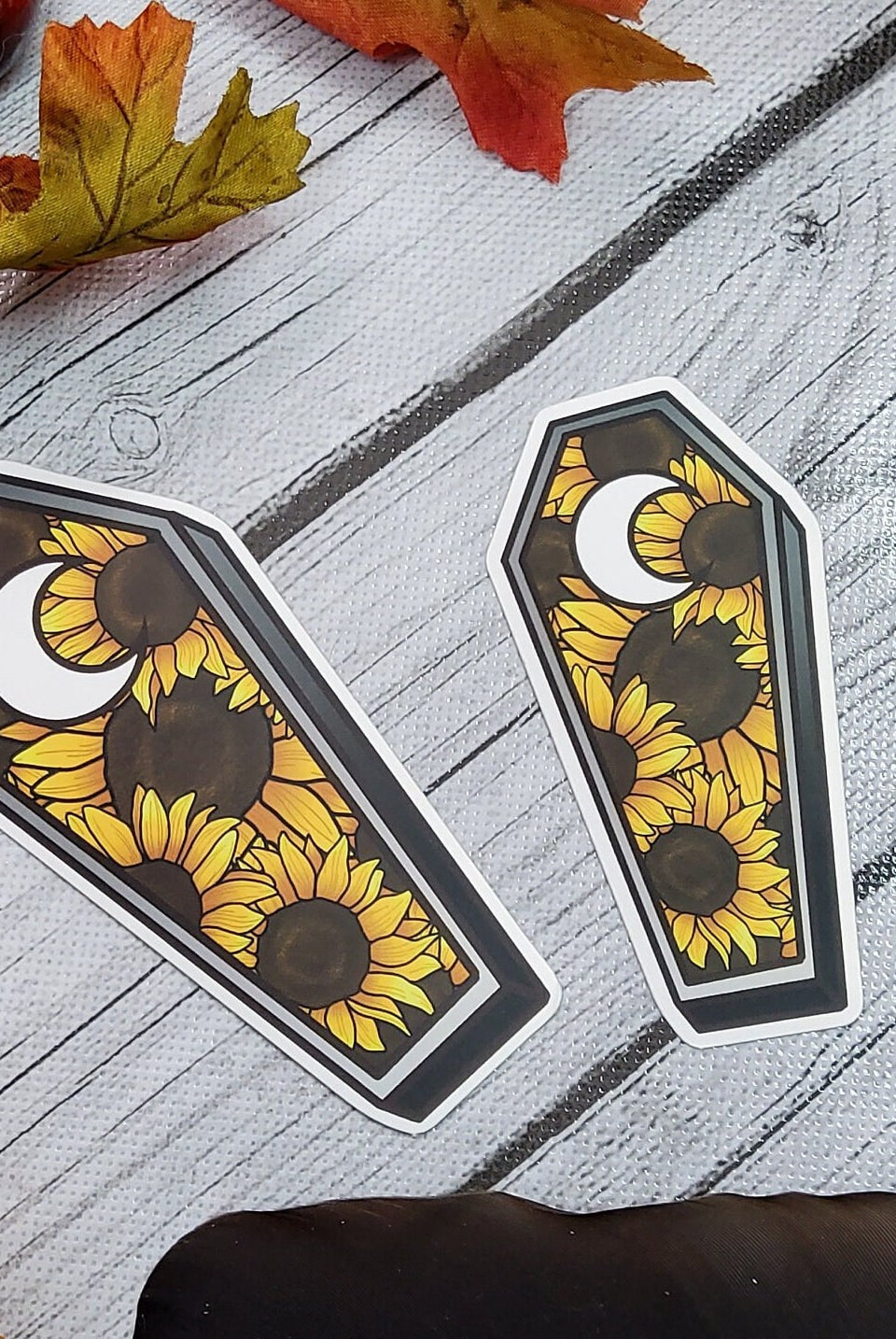 MATTE STICKER: Sunflower Coffin with Moon Cut Out Die Cut Sticker , Sunflower Coffin Sticker , Sunflower and Moon Sticker , Coffin Floral