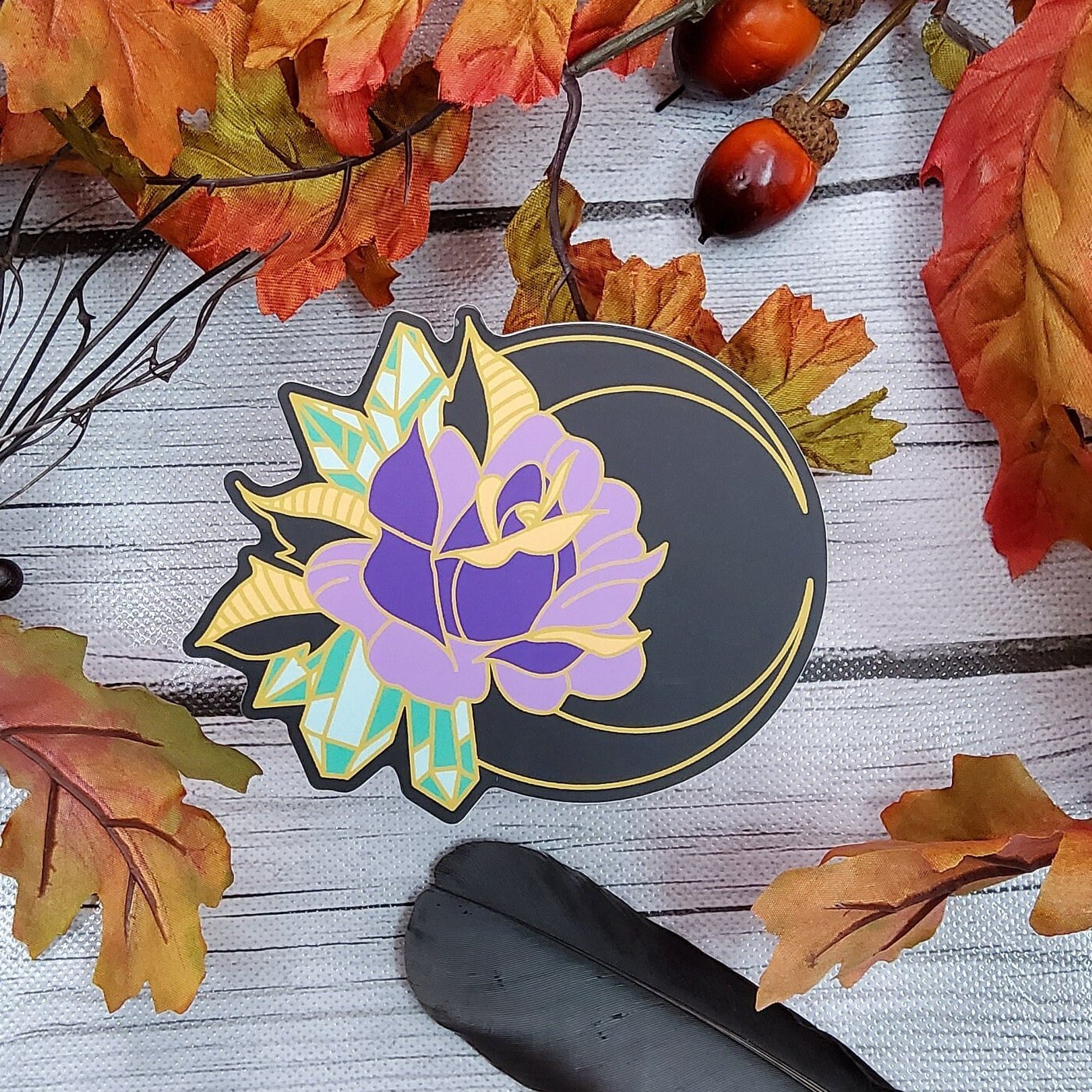 MATTE STICKER: Black Moon and Rose Crystal , Crystal Moon Sticker , Moon and Crystal Rose Sticker , Crystal Rose Sticker , Moon Rose