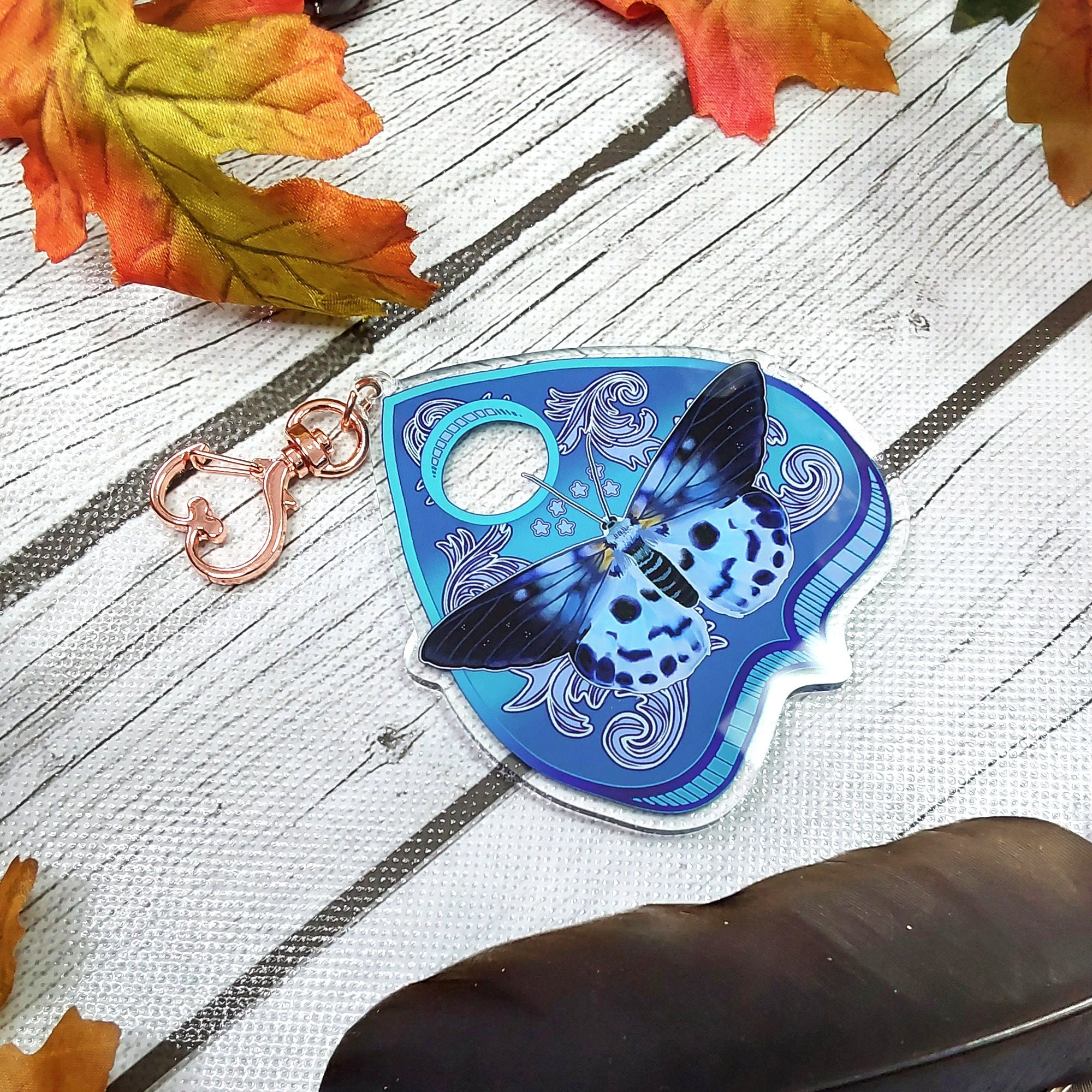 ACRYLIC CHARM Double Sided: Blue Tiger Moth and Planchette , Blue Tiger and Planchette Charm , Moth and Planchette Acrylic Charm