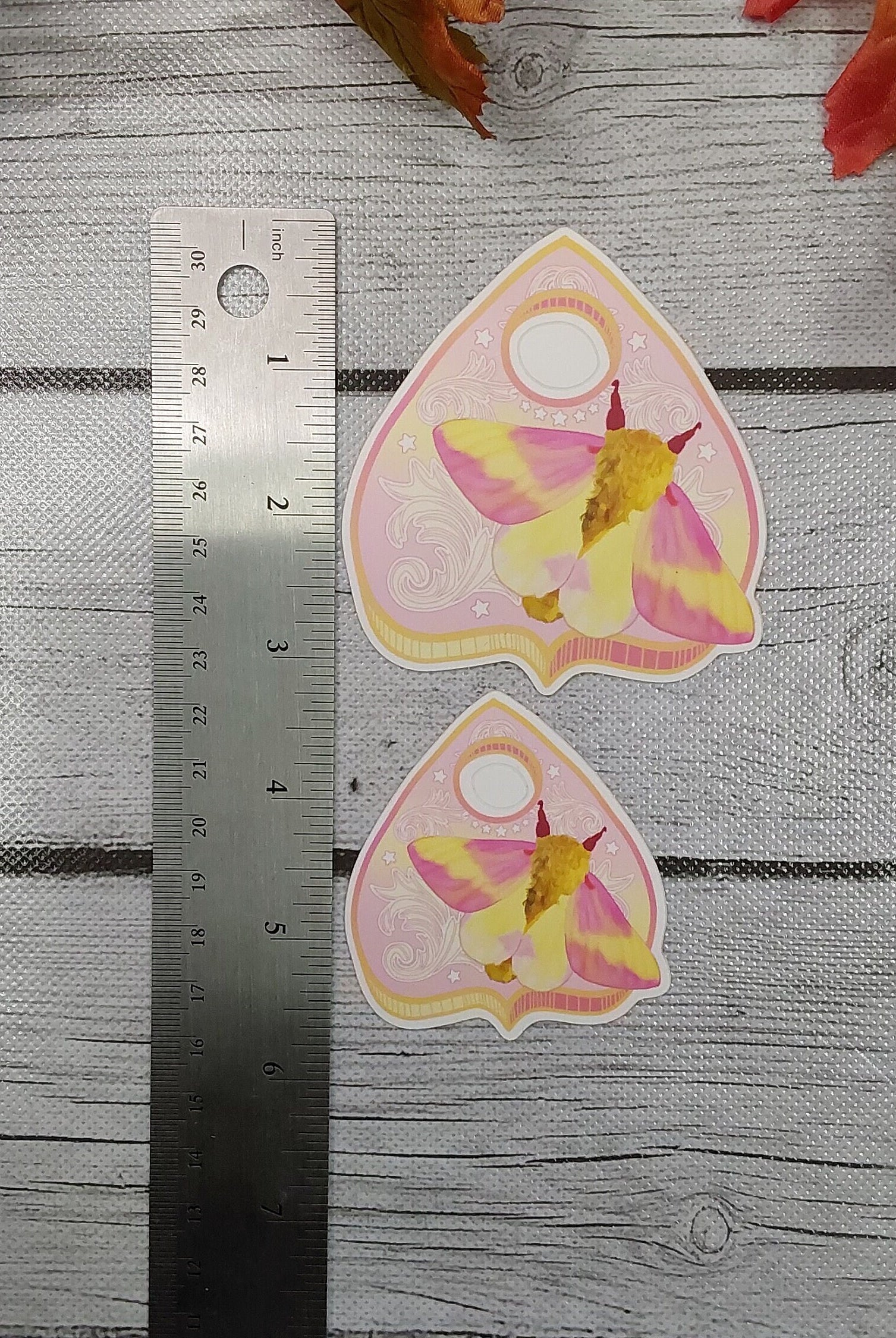 MATTE STICKER: Rosy Maple Moth and Planchette Die Cut , Rosy Moth and Planchette Sticker , Planchette Sticker , Rosy Maple Moth Sticker