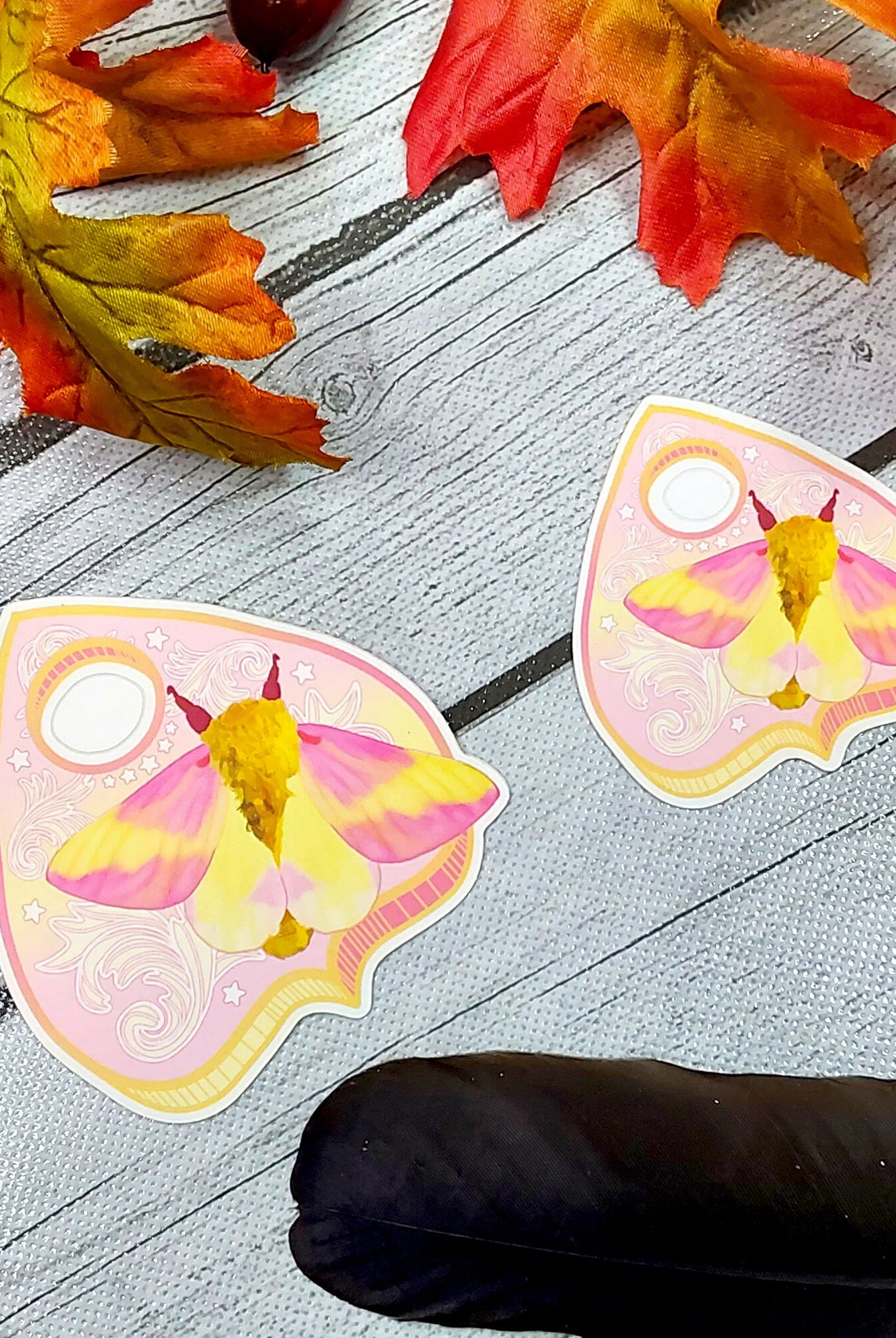 MATTE STICKER: Rosy Maple Moth and Planchette Die Cut , Rosy Moth and Planchette Sticker , Planchette Sticker , Rosy Maple Moth Sticker