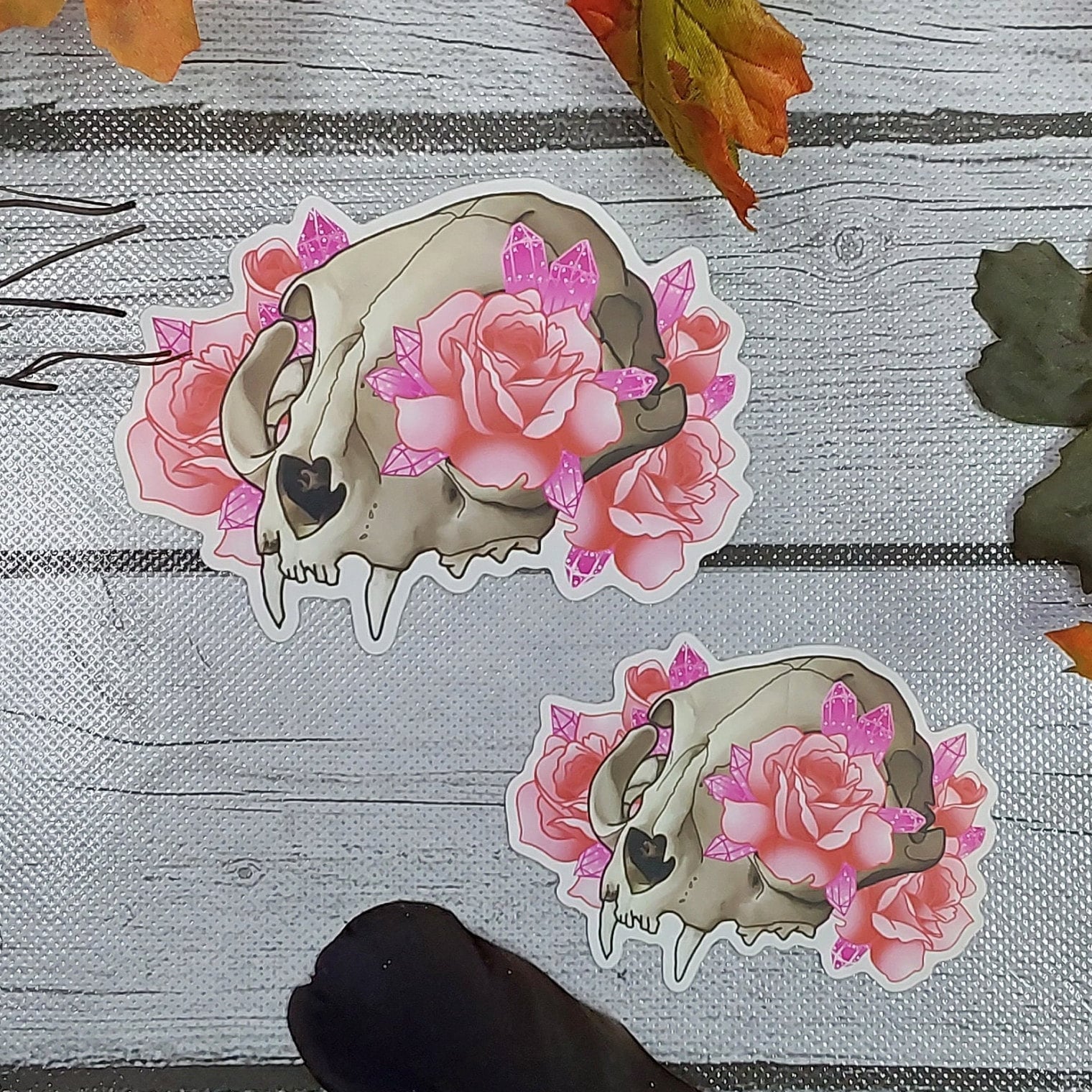 MATTE STICKER: Pastel Grunge Cat Skull and Roses Sticker , Cat Skull Sticker , Pastel Roses Sticker , Crystal Skull and Roses , Cat Skull