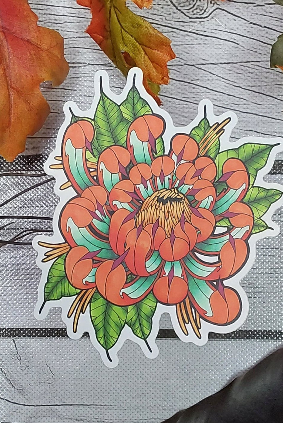MATTE STICKER: Tattoo Style Teal and Orange Chrysanthemum , Chrysanthemum Sticker , Chrysanthemum Art , Floral Sticker , Floral Art Sticker