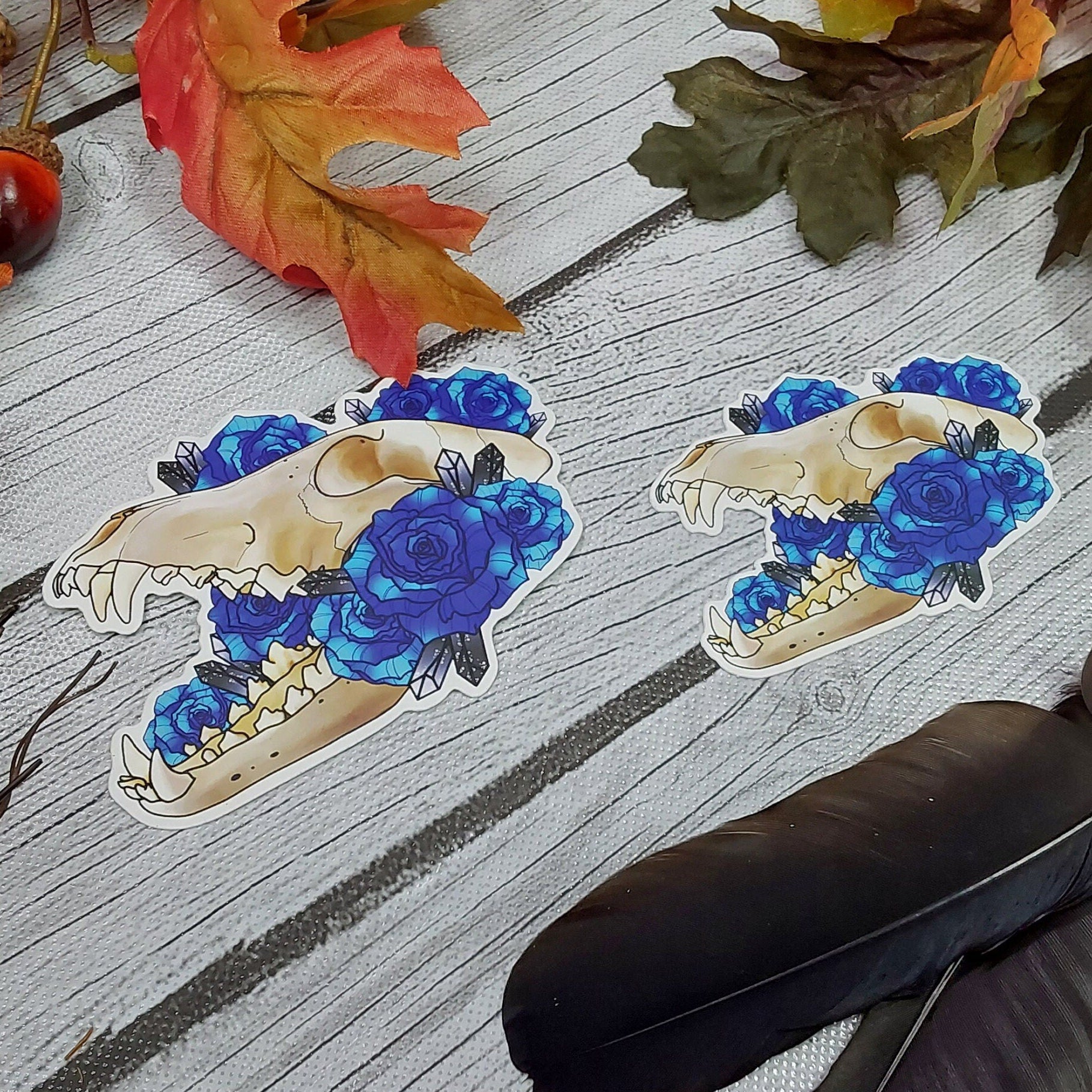 MATTE STICKER: Wolf Skull and Blue Roses Vulture Culture Stickers , Wolf Skull and Blue Roses Sticker , Wolf Skull and Roses Sticker