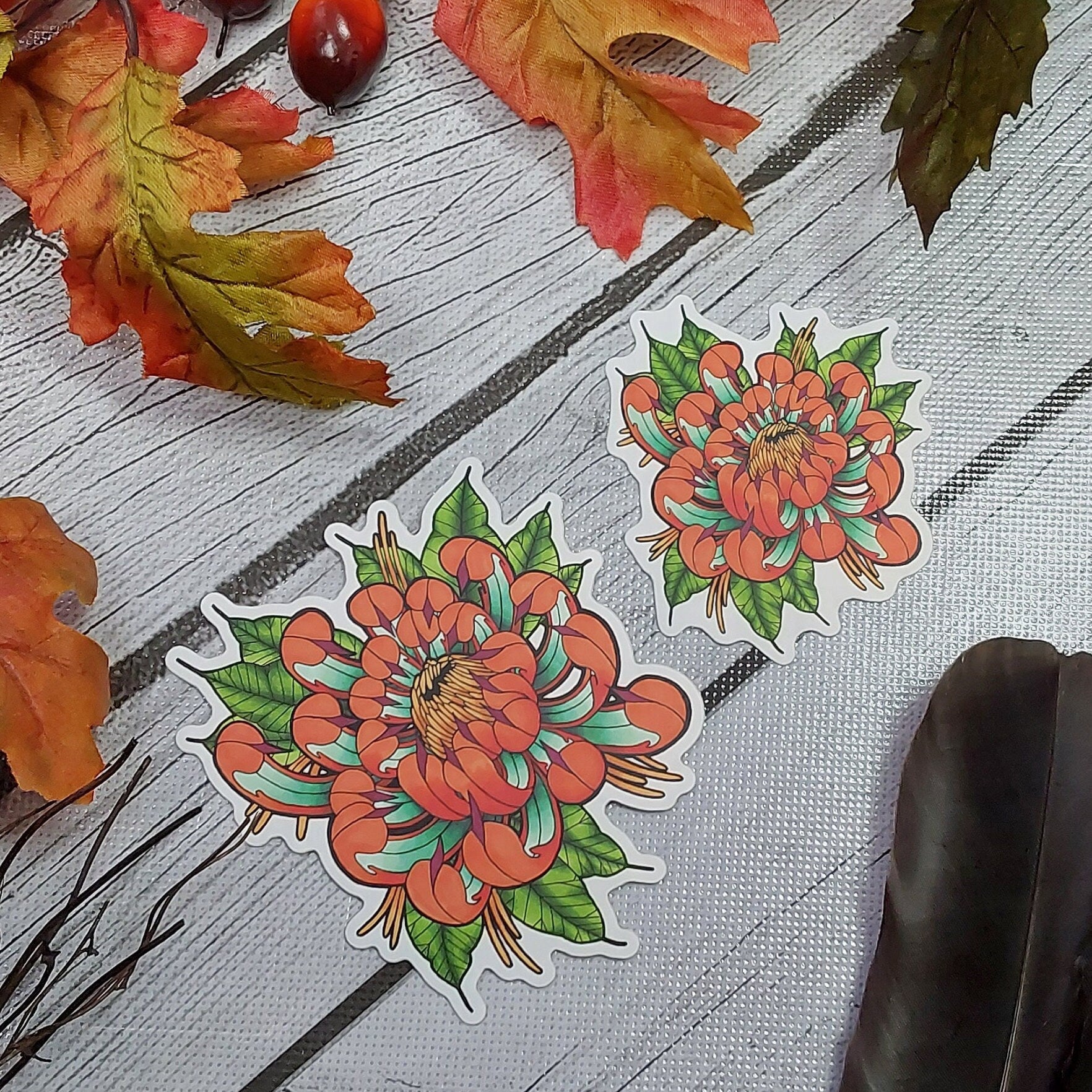 MATTE STICKER: Tattoo Style Teal and Orange Chrysanthemum , Chrysanthemum Sticker , Chrysanthemum Art , Floral Sticker , Floral Art Sticker