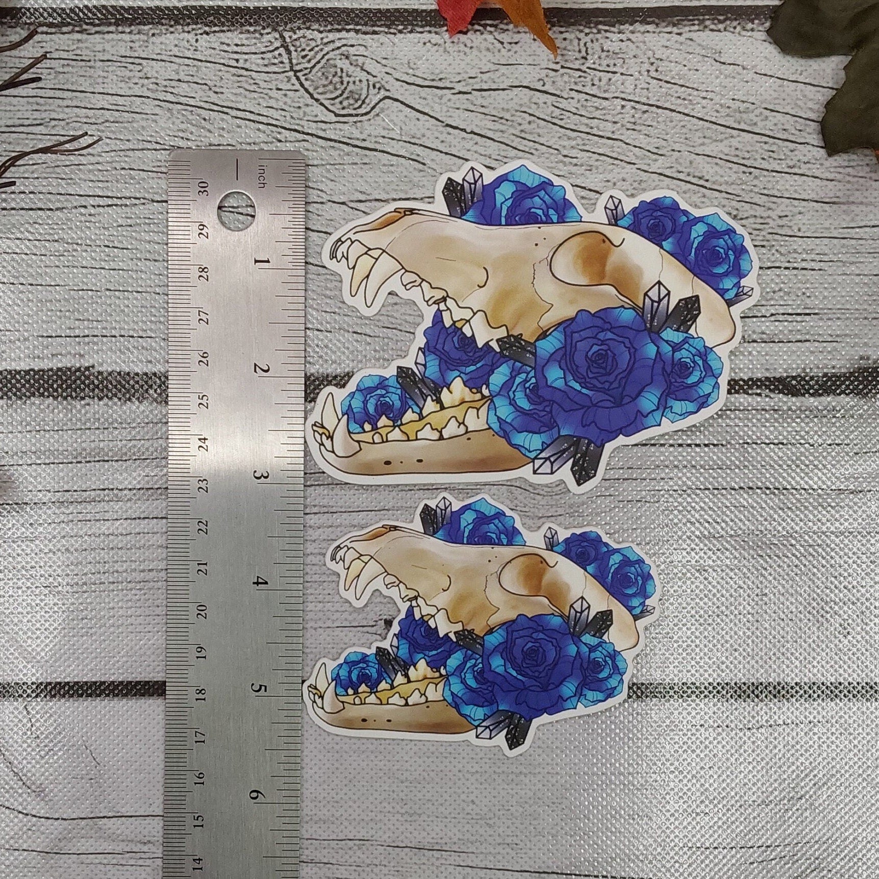 MATTE STICKER: Wolf Skull and Blue Roses Vulture Culture Stickers , Wolf Skull and Blue Roses Sticker , Wolf Skull and Roses Sticker