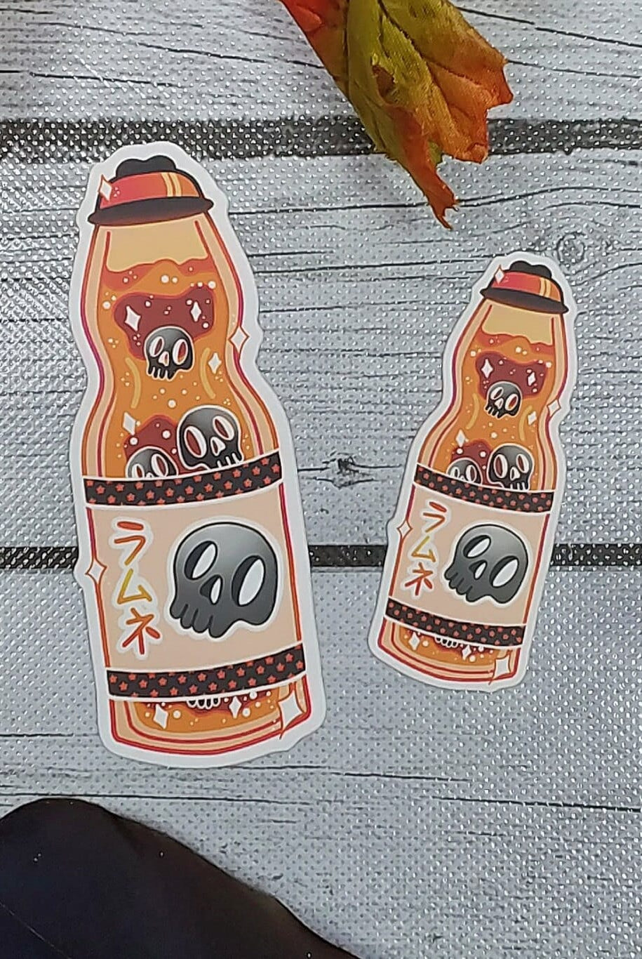 MATTE STICKER: Halloween Orange and Black Glass Bottle Drink Sticker , Halloween Drink Sticker , Spooky Soda Drink Sticker , Skull Drink