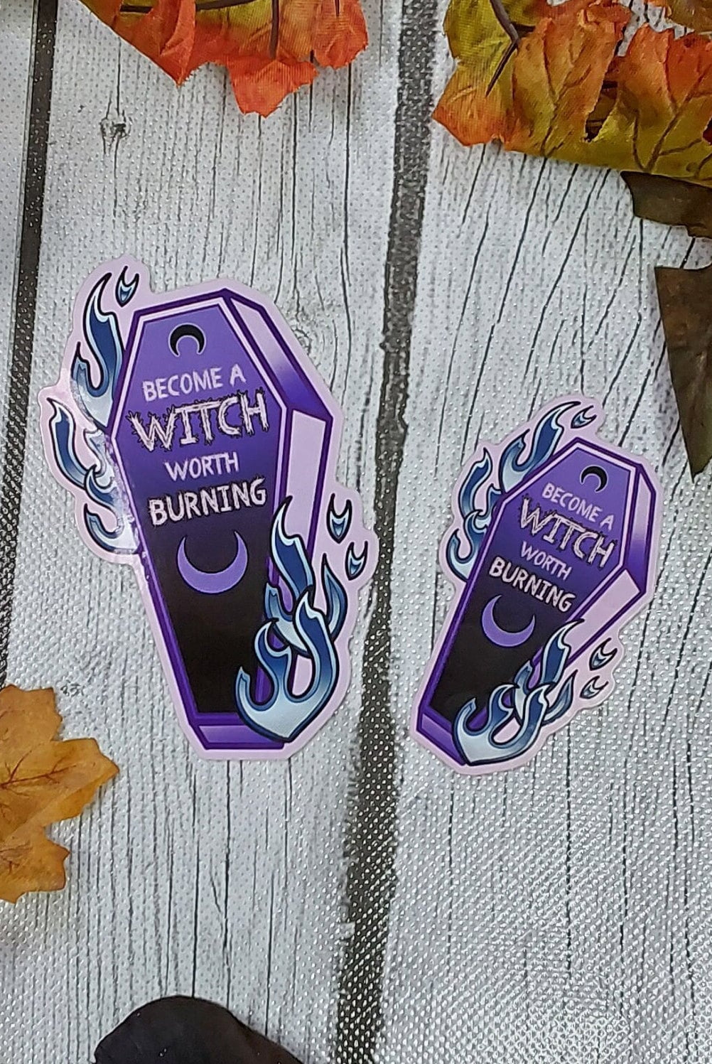 GLOSSY STICKER: 'Become a Witch Worth Burning' Coffin , Purple Coffin Sticker , Witchy Purple Coffin Sticker , Witchy Coffin Sticker