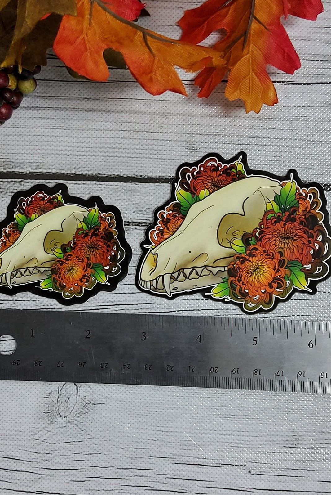 GLOSSY STICKER: Fox Skull Skull and Orange Mum Sticker , Fox Skull Sticker , Grunge Fox Skull Sticker , Skull and Flowers , Animal Skull Art