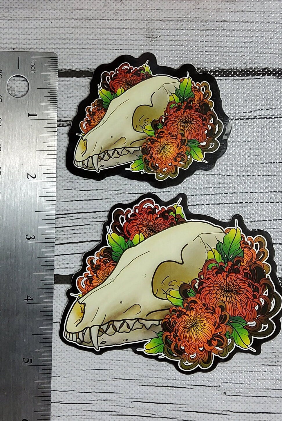 GLOSSY STICKER: Fox Skull Skull and Orange Mum Sticker , Fox Skull Sticker , Grunge Fox Skull Sticker , Skull and Flowers , Animal Skull Art
