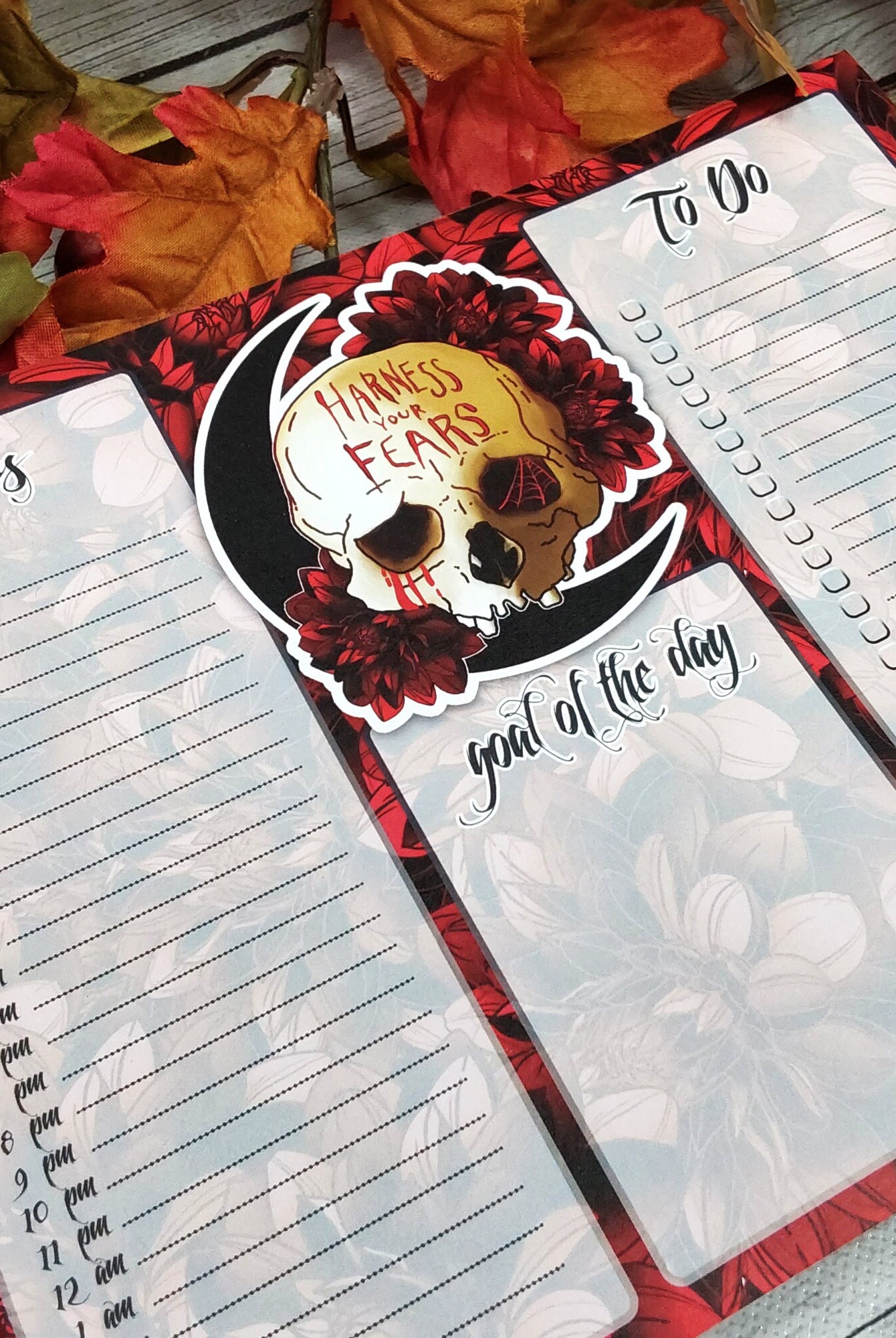 Harness Your Fears Skull and Dahlia Flowers Hourly Planner