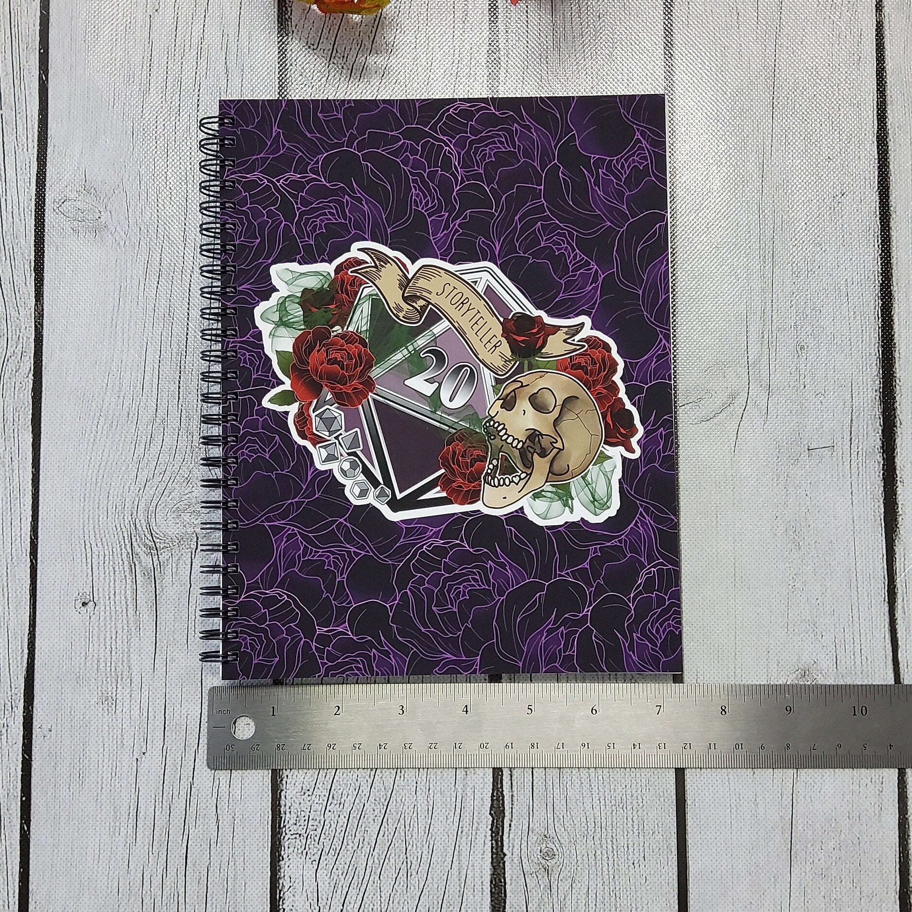 SPIRAL NOTEBOOK: The Story-Teller D20 with Florals , Floral D20 Notebook , Floral D20 Blank Notebook , D20 Notebook , D20 Story-Teller