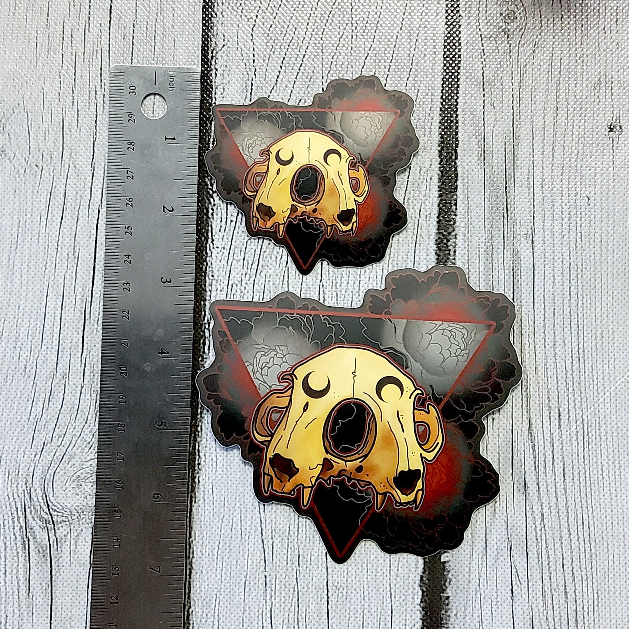 MATTE STICKER: Double Cat Skull and Peonies Sticker , Cat Skull Sticker , Black and Red Sticker , Skull and Roses , Double Cat Skull