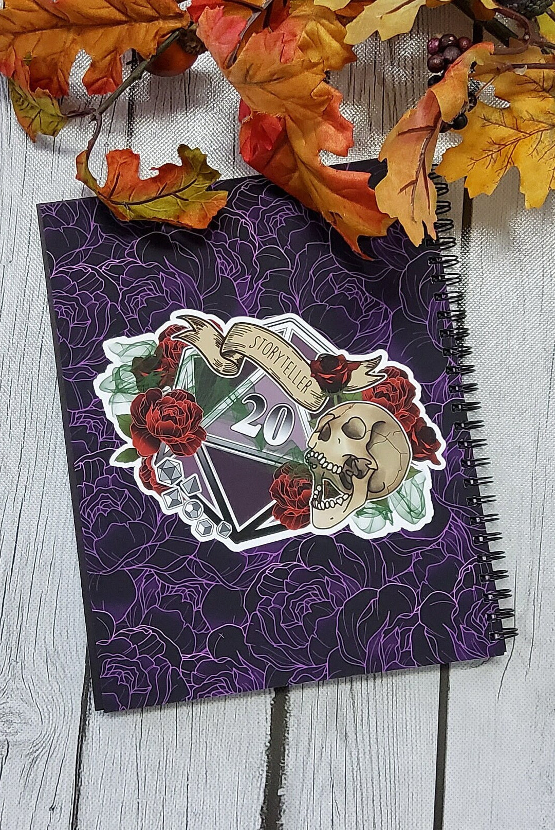 SPIRAL NOTEBOOK: The Story-Teller D20 with Florals , Floral D20 Notebook , Floral D20 Blank Notebook , D20 Notebook , D20 Story-Teller