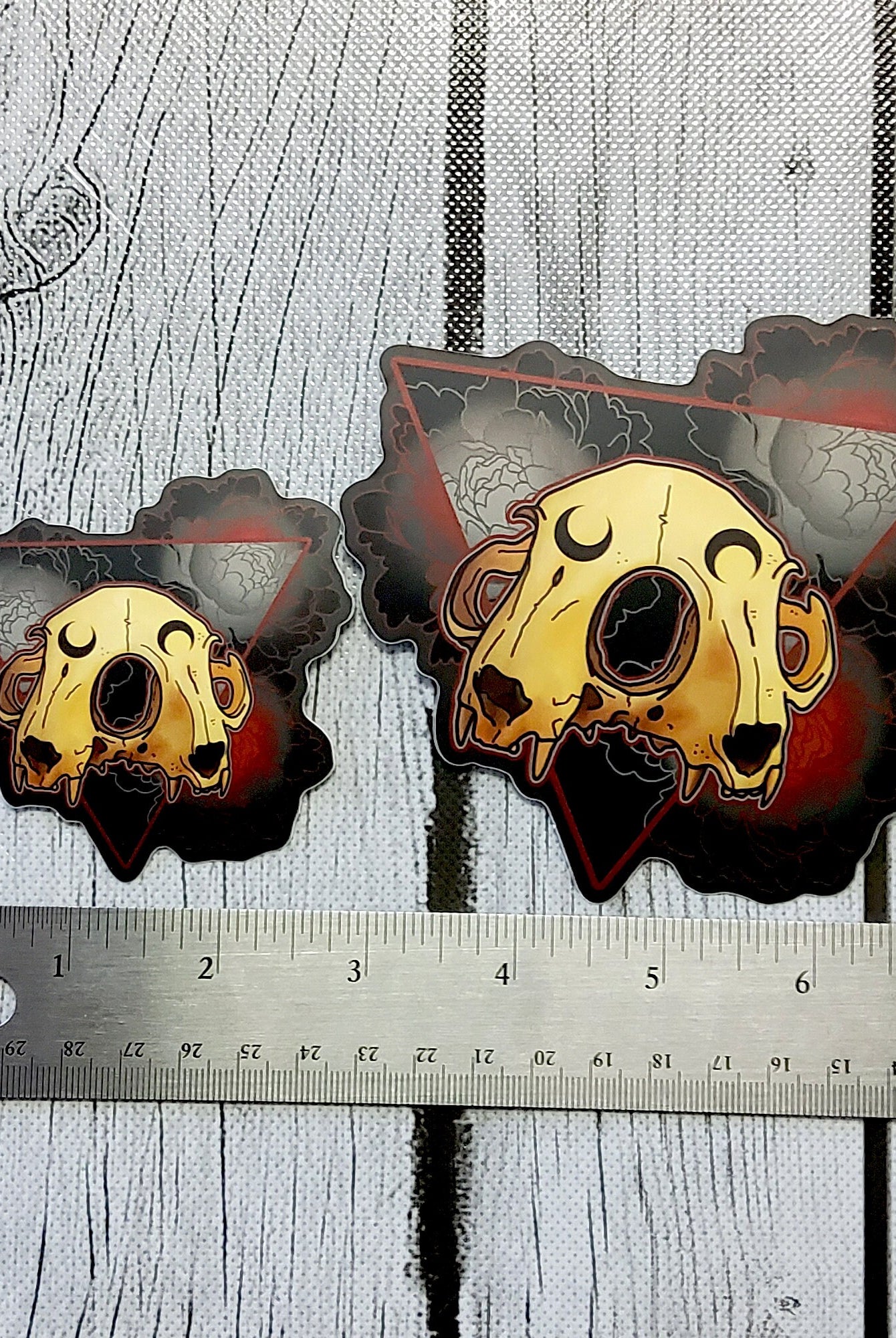 MATTE STICKER: Double Cat Skull and Peonies Sticker , Cat Skull Sticker , Black and Red Sticker , Skull and Roses , Double Cat Skull
