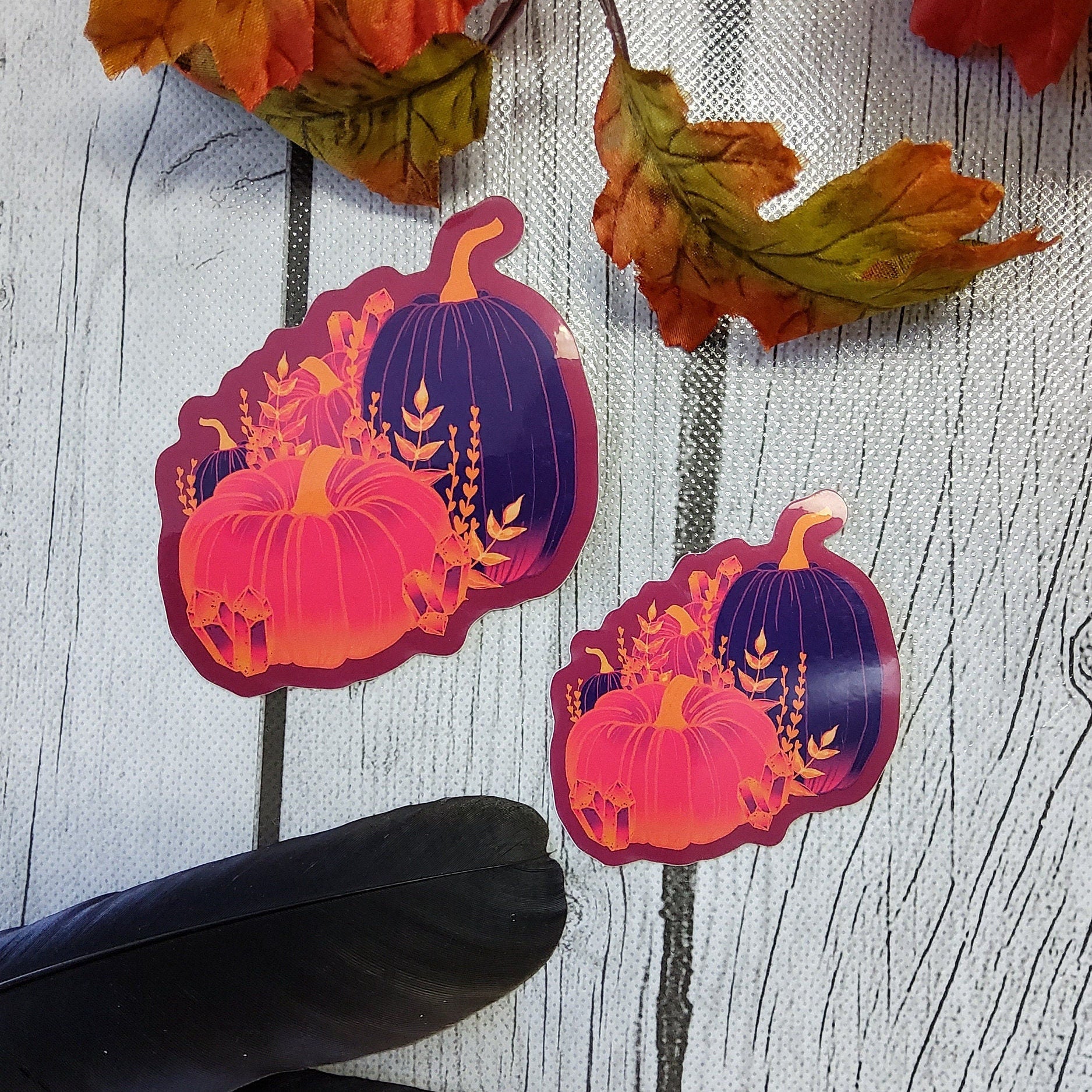 GLOSSY STICKER: Psychadelic Pumpkins and Crystals Sticker , Orange and Purple Pumpkins, Spooky Pumpkin Art Acornandcrowstudio