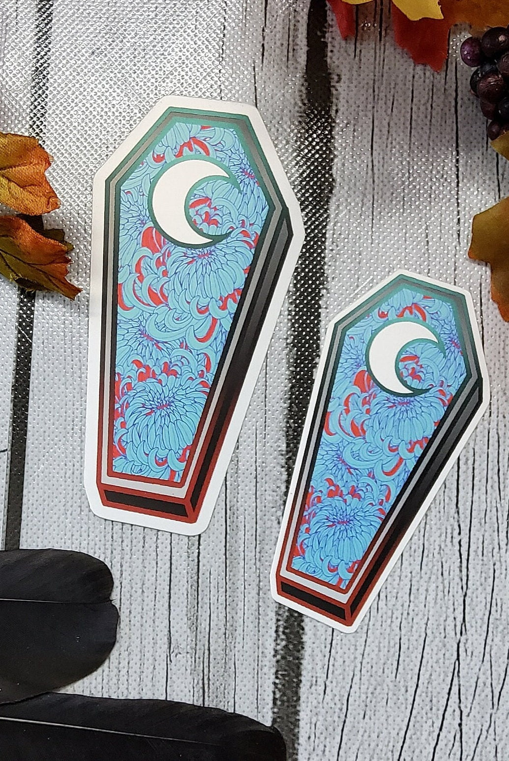MATTE STICKER: Red and Blue Chrysanthemum Coffin Art , Dark Aesthetic Flroal Sticker , Dark Academia Sticker , Dark Floral Art