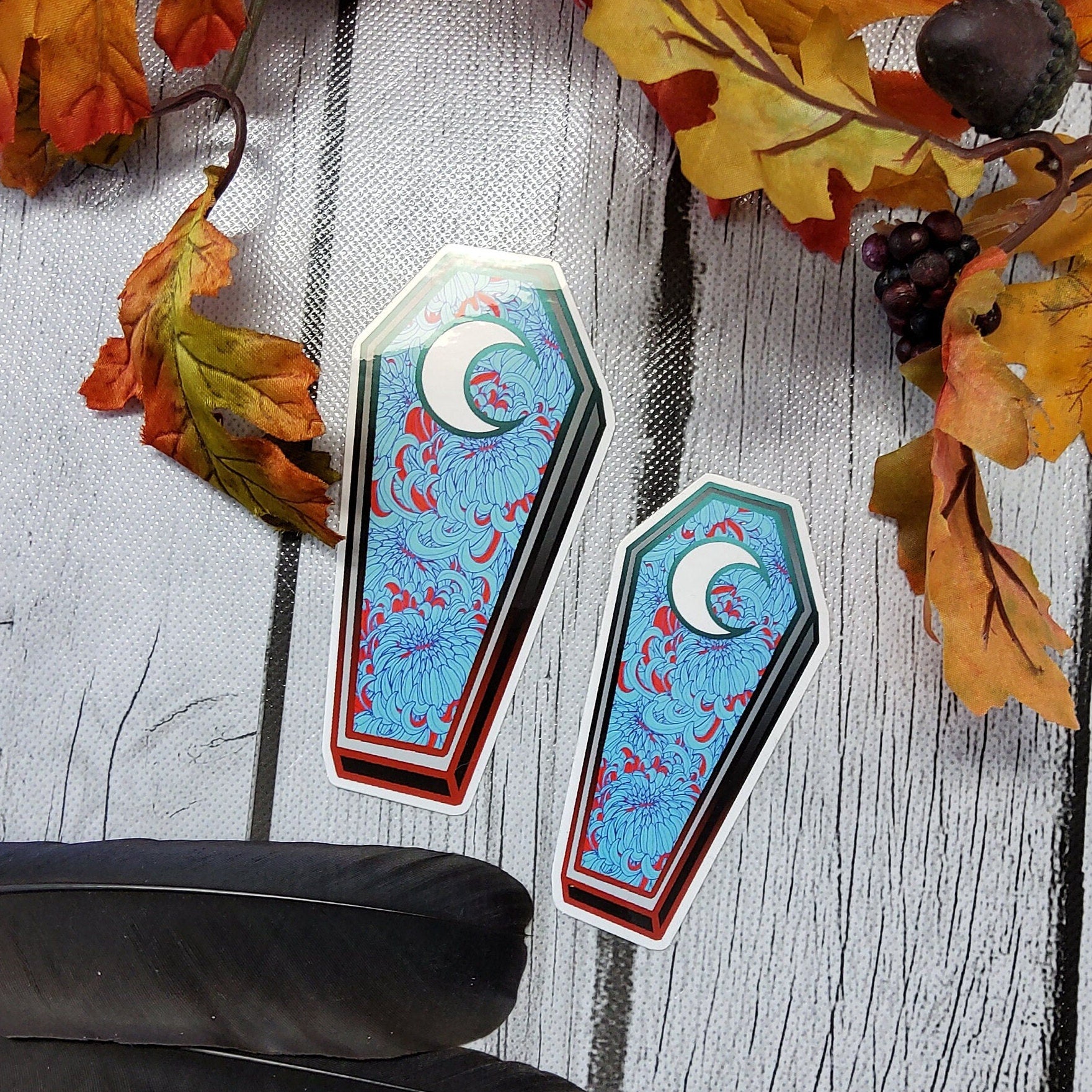GLOSSY STICKER: Red and Blue Chrysanthemum Coffin Art , Dark Aesthetic Flroal Sticker , Dark Academia Sticker , Dark Floral Art Acornandcrowstudio