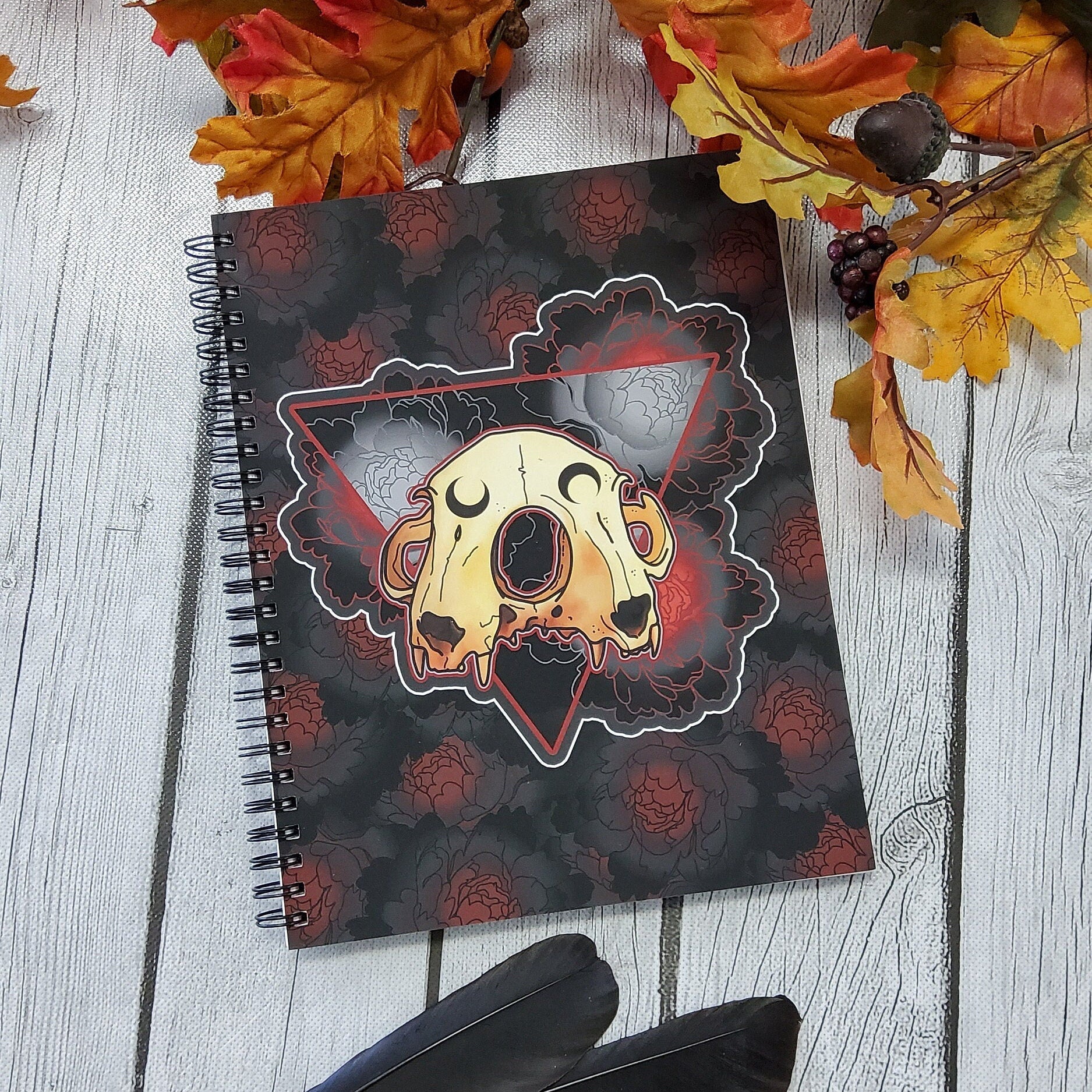 SPIRAL NOTEBOOK: Double Cat Skull and Peonies Dot Grid Pages , Cat Skull Book , Black and Red Sticker , Skull and Roses , Double Cat Skull