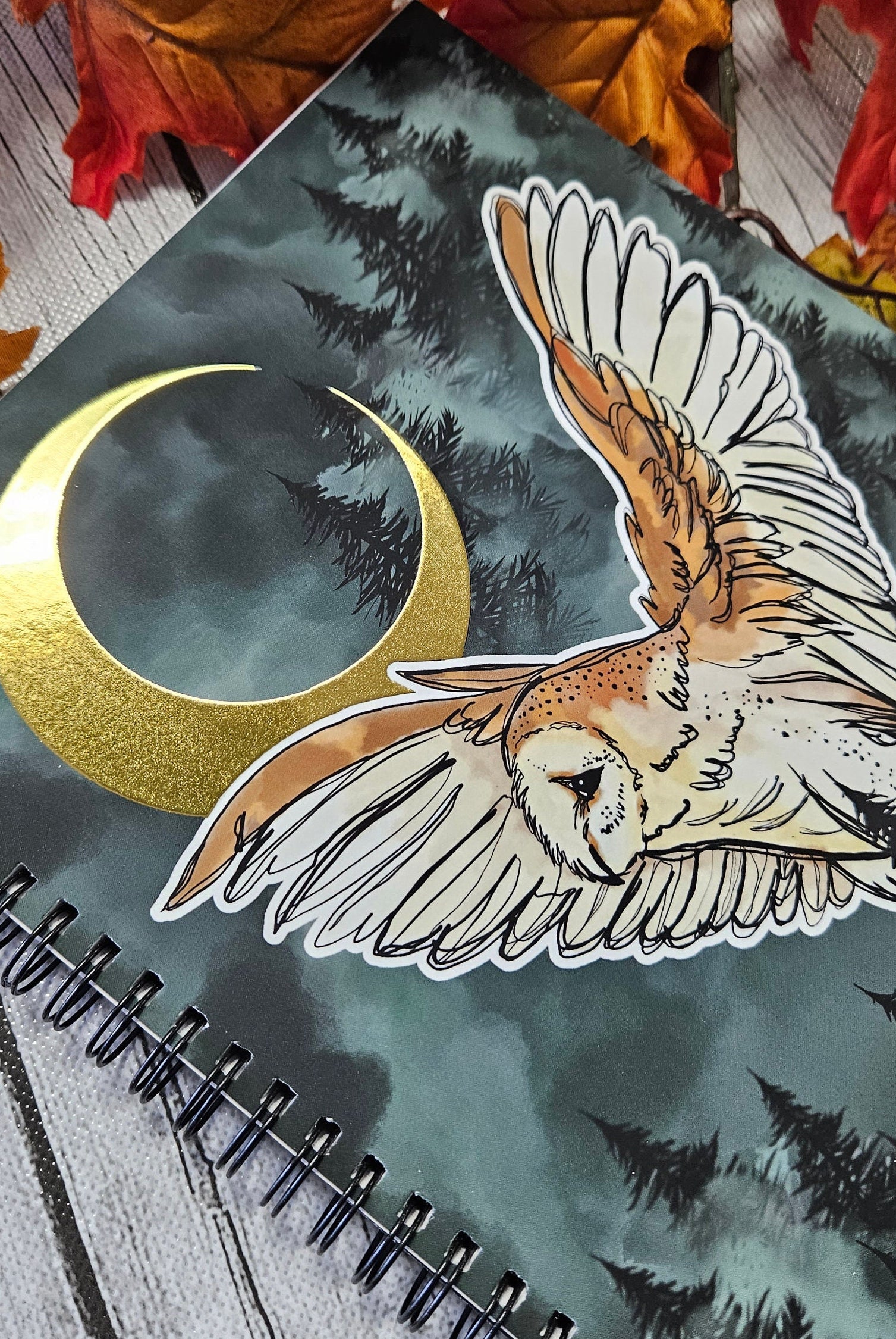 SPIRAL NOTEBOOK: Forest Owl and Gold FOIL Moon Dot Grid Pages , Forest Owl Notebook , Owl and Moon Art , Barn Owl Notebook