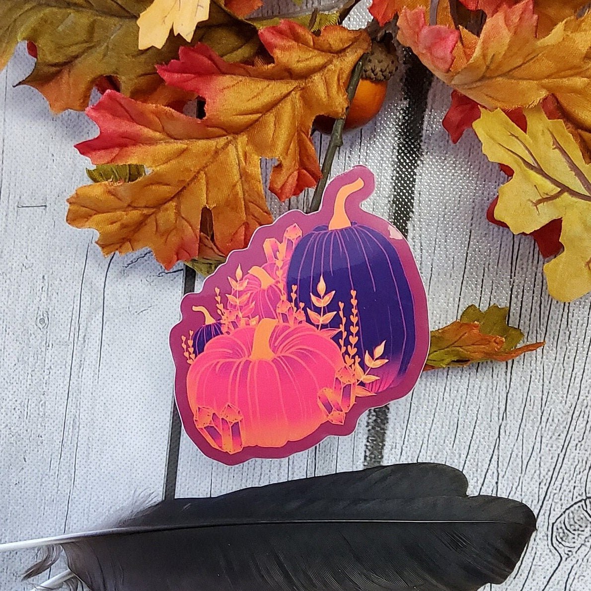 GLOSSY STICKER: Psychadelic Pumpkins and Crystals Sticker , Orange and Purple Pumpkins, Spooky Pumpkin Art