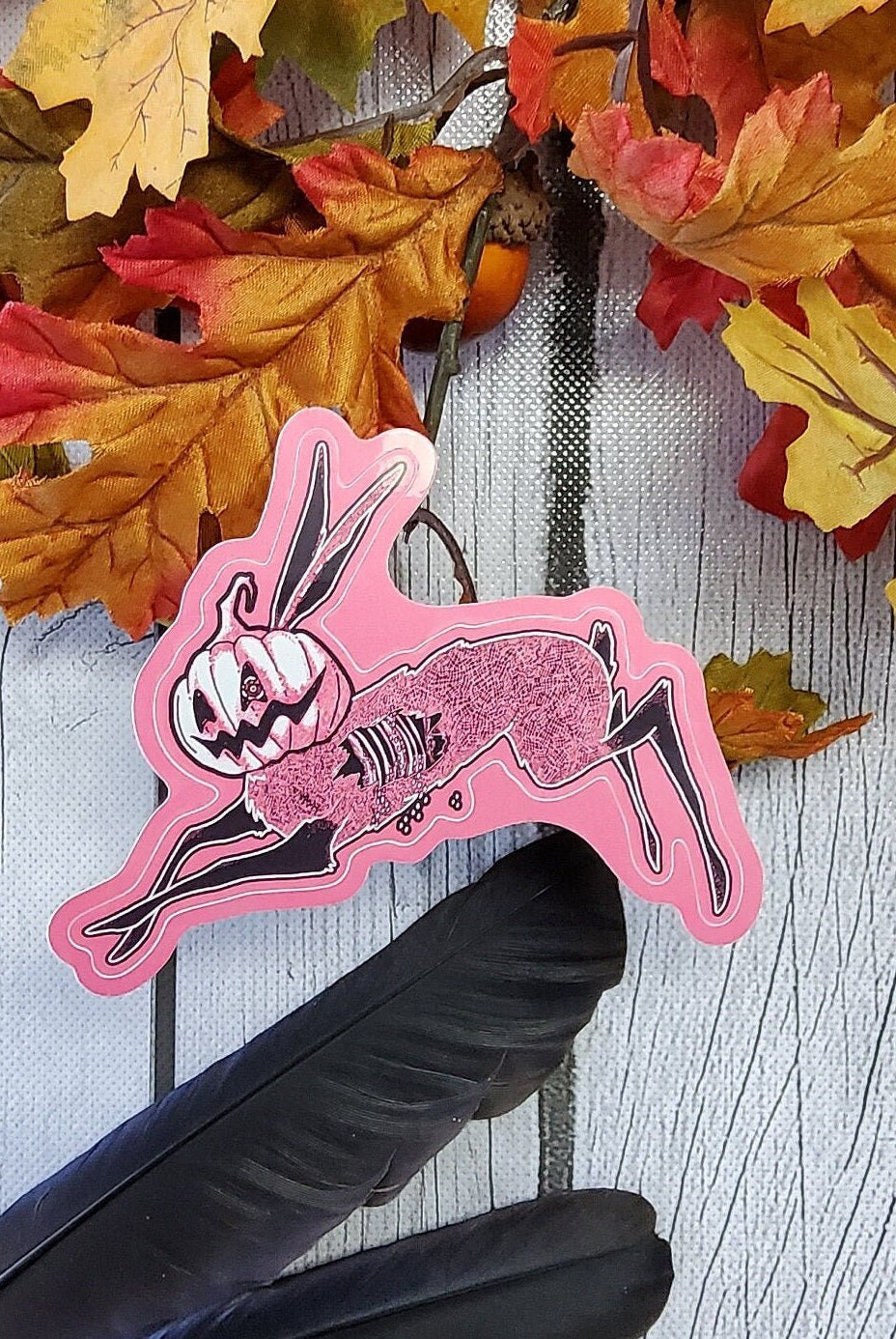 GLOSSY STICKER: Pink Pastel Jack-o-Rabbit , Pink Pumpkin Rabbit , Pastel Spooky Rabbit Art , Pink Scary Rabbit Sticker