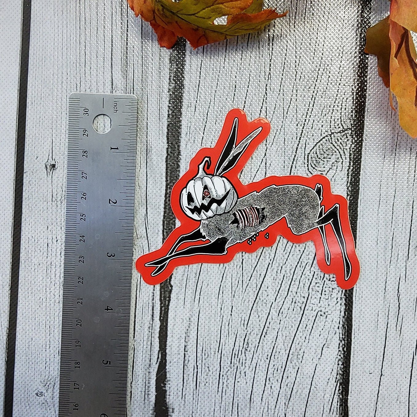 GLOSSY STICKER: Red and Black Jack-o-Rabbit , Red Pumpkin Rabbit , Spooky Rabbit Art , Scary Rabbit Sticker