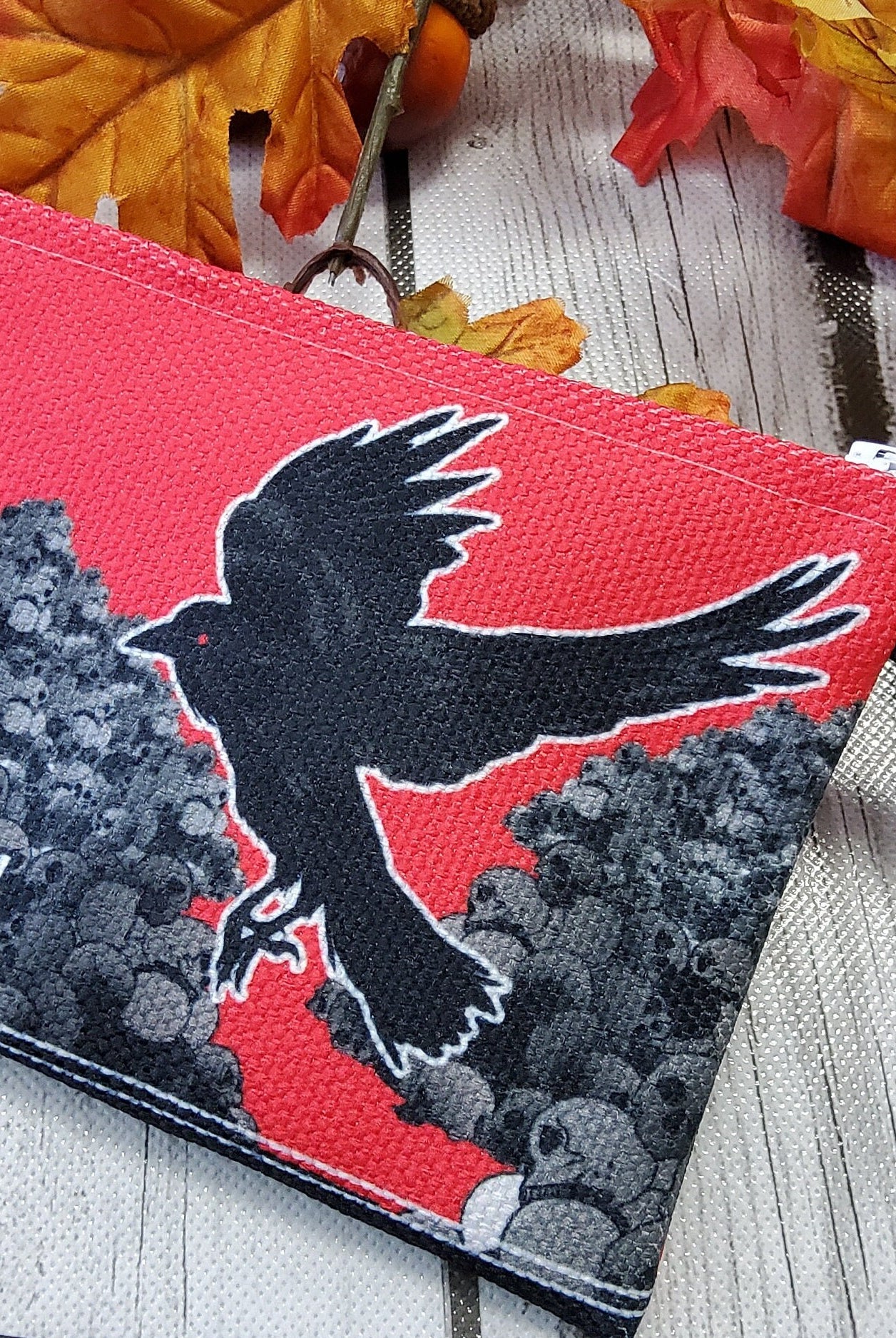 PENCIL POUCH : Crow and Skulls with Black Moon , Red Sky and Crow Pencil Pouch , Crow and Skulls Pencil Pouch , Omen Pencil Pouch