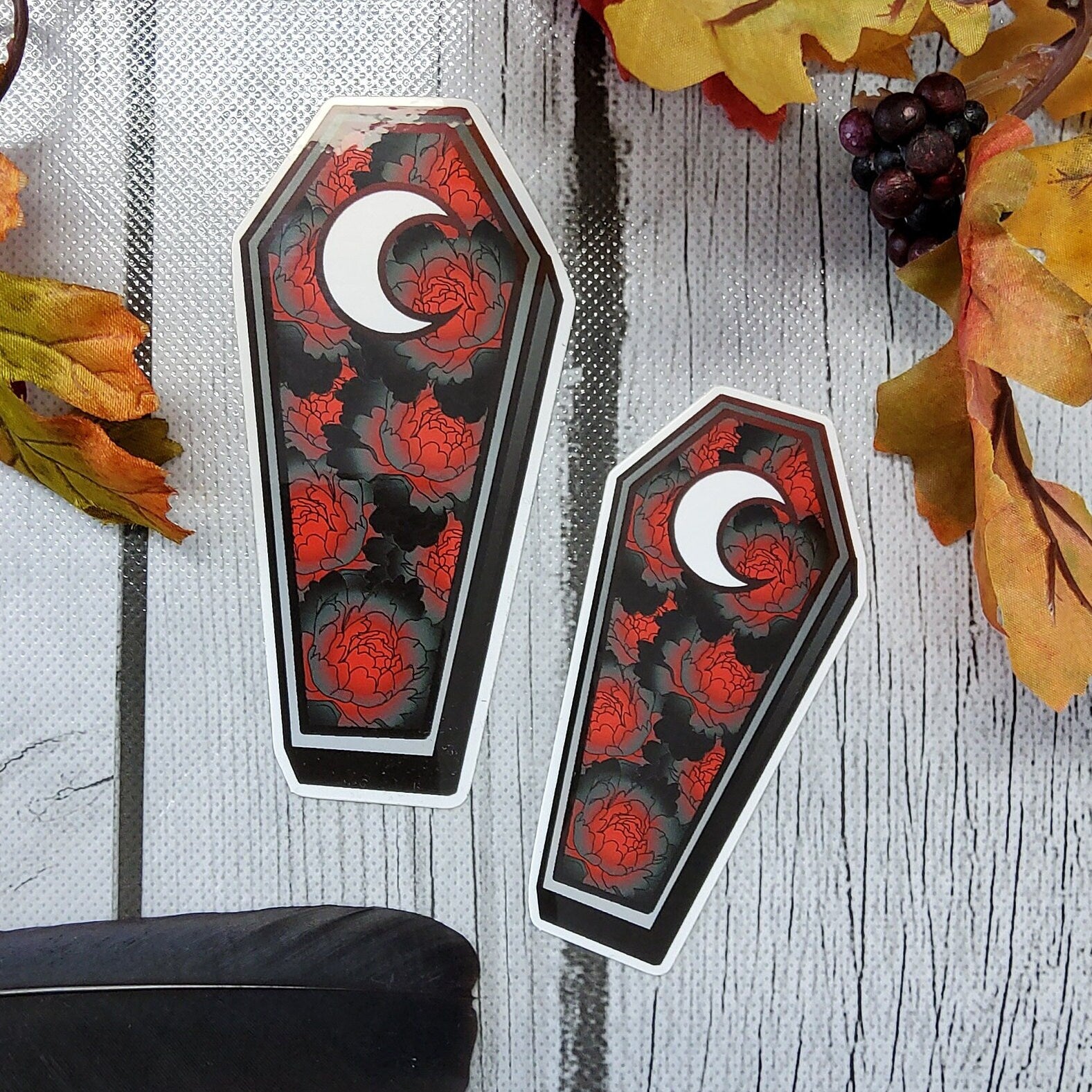 GLOSSY STICKER: Red and Black Peony Coffin Art , Dark Aesthetic Peony Sticker , Dark Academia Sticker , Dark Floral Art , Black Peony Acornandcrowstudio