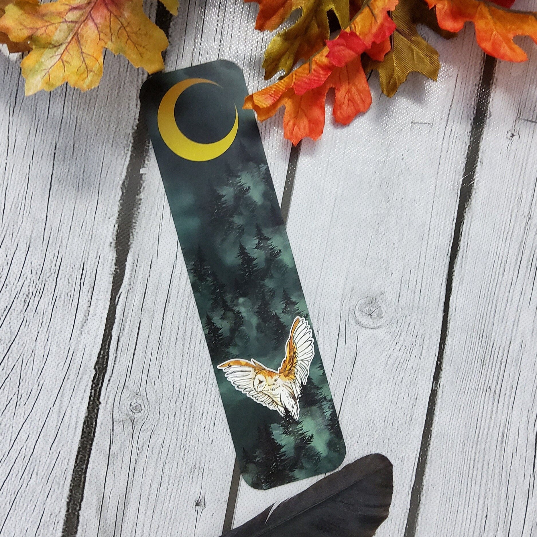 BOOKMARK: Forest Owl and Gold Moon , Dark Forest and Barn Owl Bookmark , Owl and Moon Art , Barn Owl Bookmark Bookmarks Acornandcrowstudio