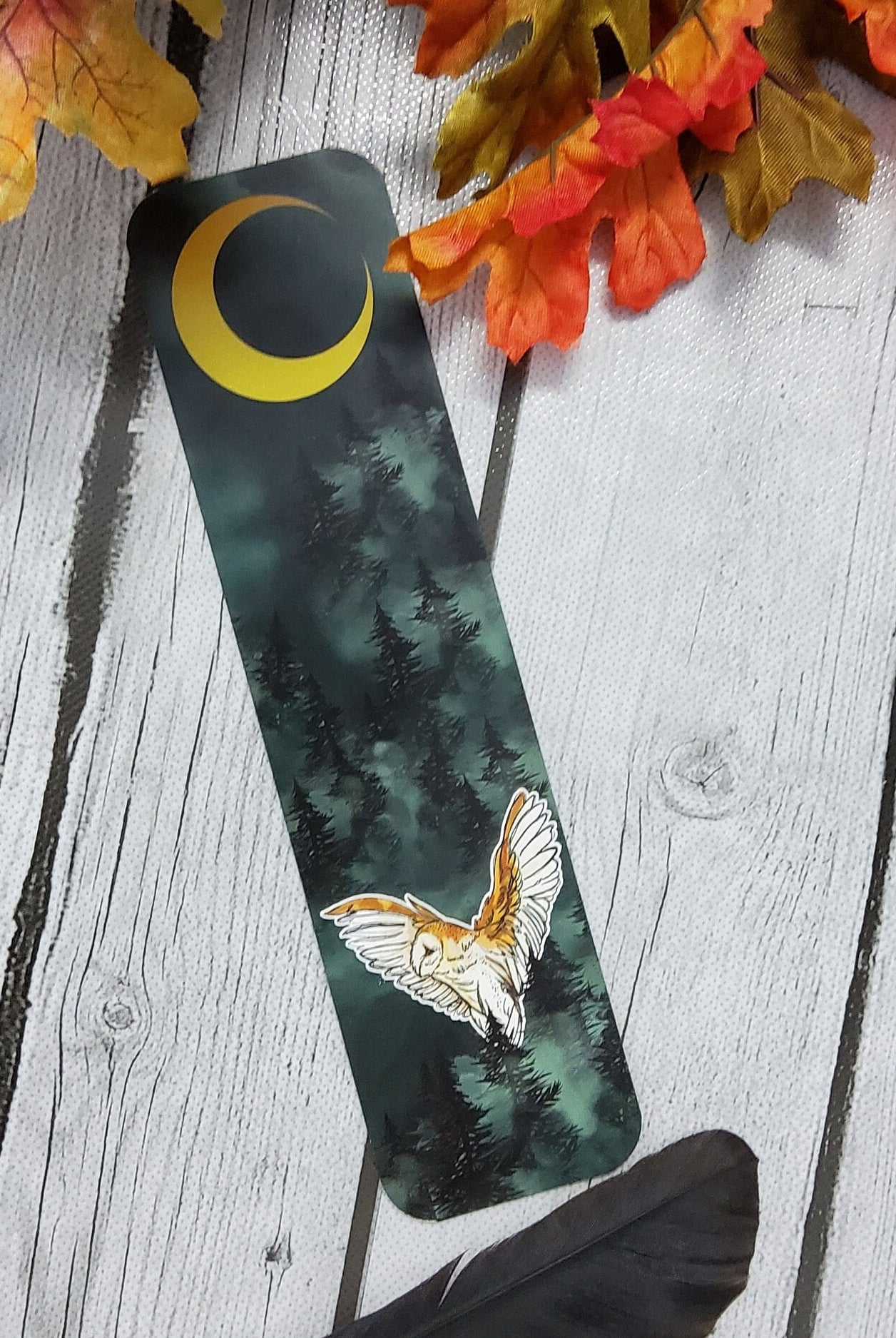 BOOKMARK: Forest Owl and Gold Moon , Dark Forest and Barn Owl Bookmark , Owl and Moon Art , Barn Owl Bookmark